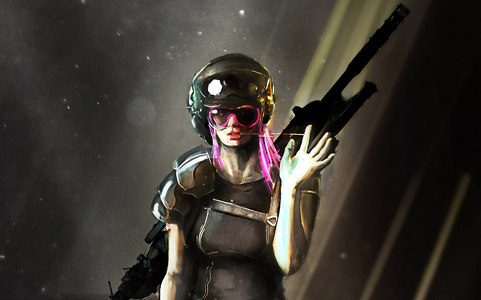 cyberpunk, pink hair, girl, cop, sniper