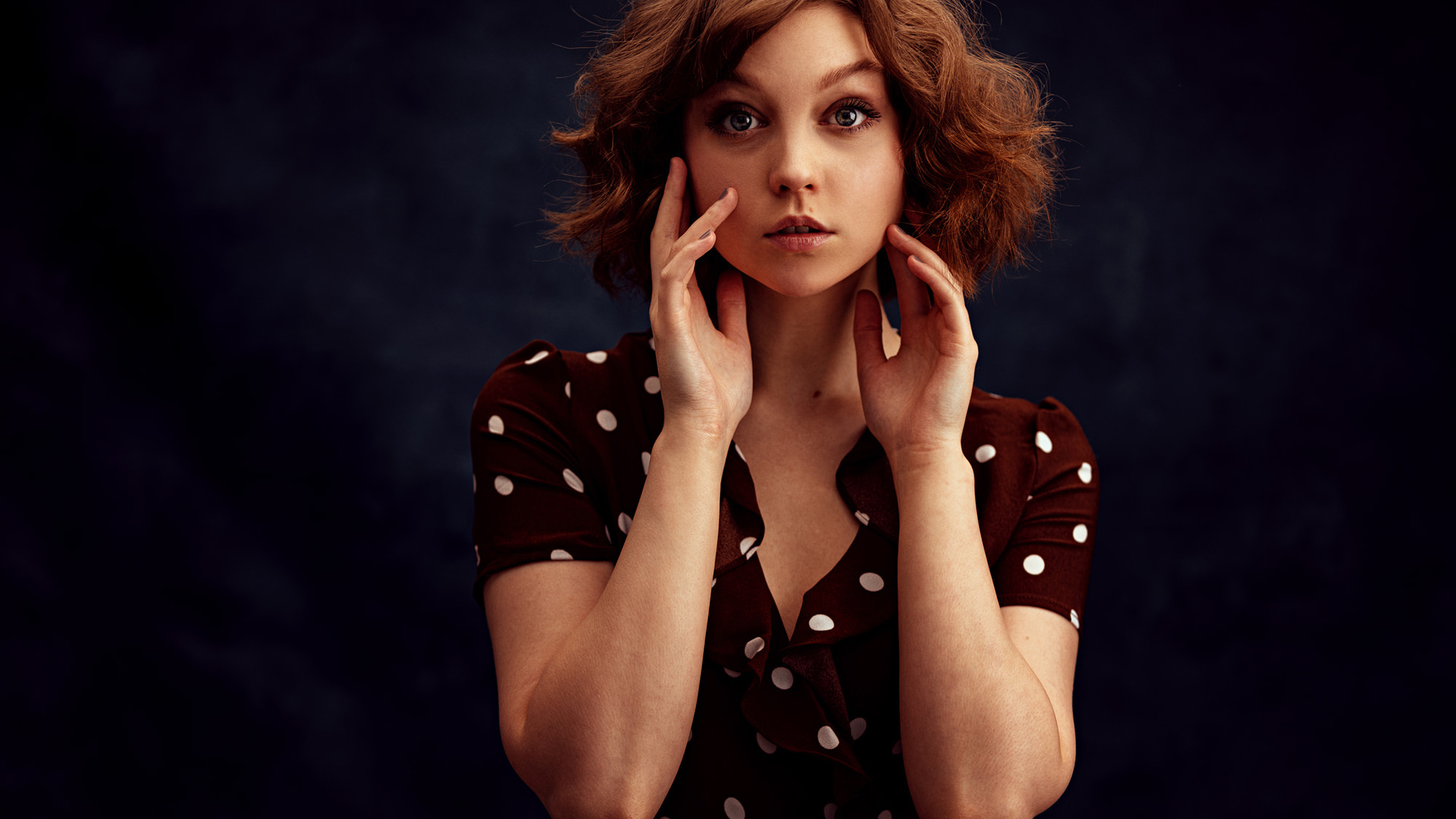 women, portrait, simple background, dress, polka dots