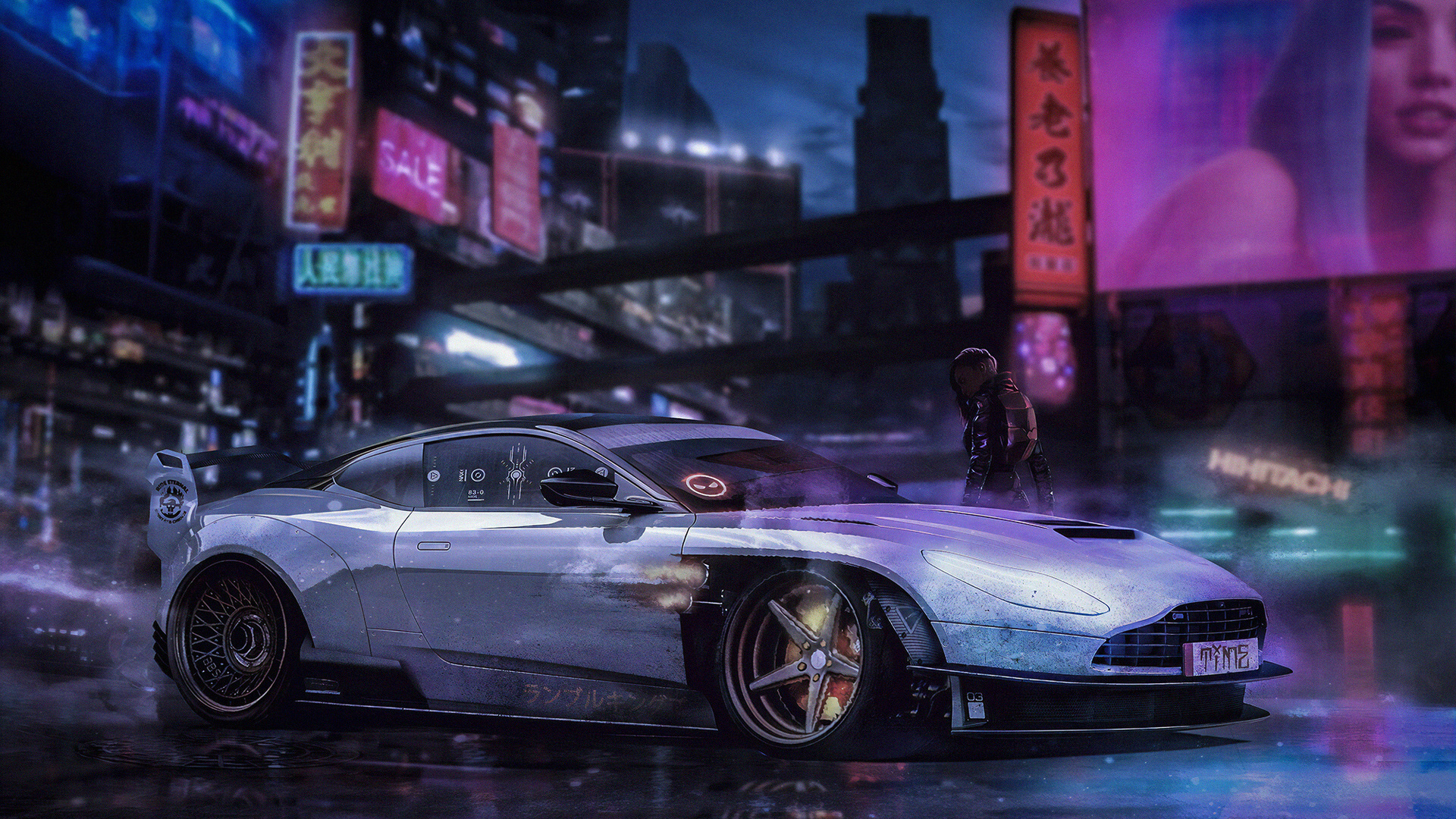 cyberpunk, vehicle, aston martin, hihitachi