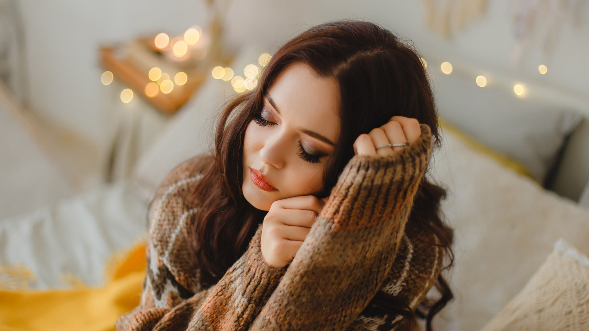 women, portrait, closed eyes, bokeh, sweater, face, make up, red lipstick, 