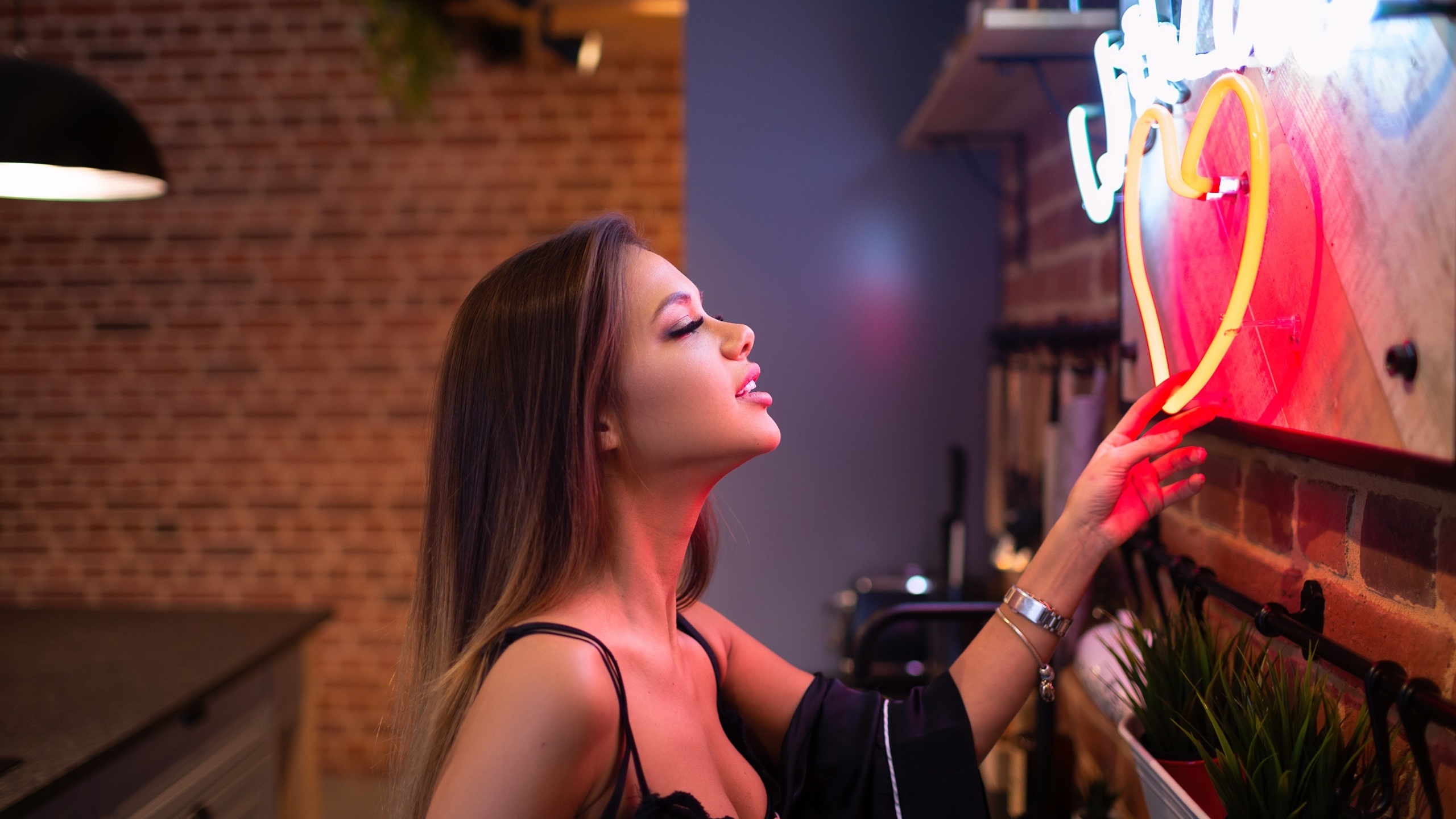 women, vitaly skitaev, kitchen, black lingerie, portrait, black bras, neon, long hair, watch, brunette