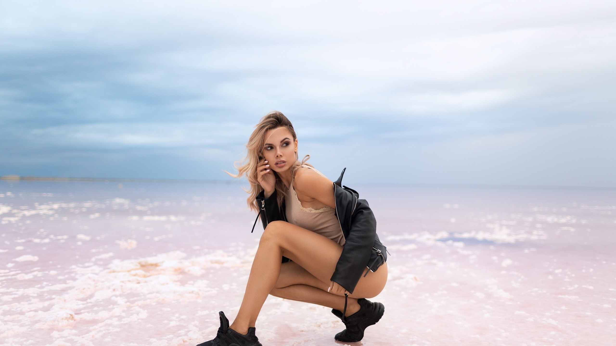 women, vitaly skitaev, squatting, leather jackets, sneakers, brunette, ass, women outdoors, pink nails, nipple through clothing, water