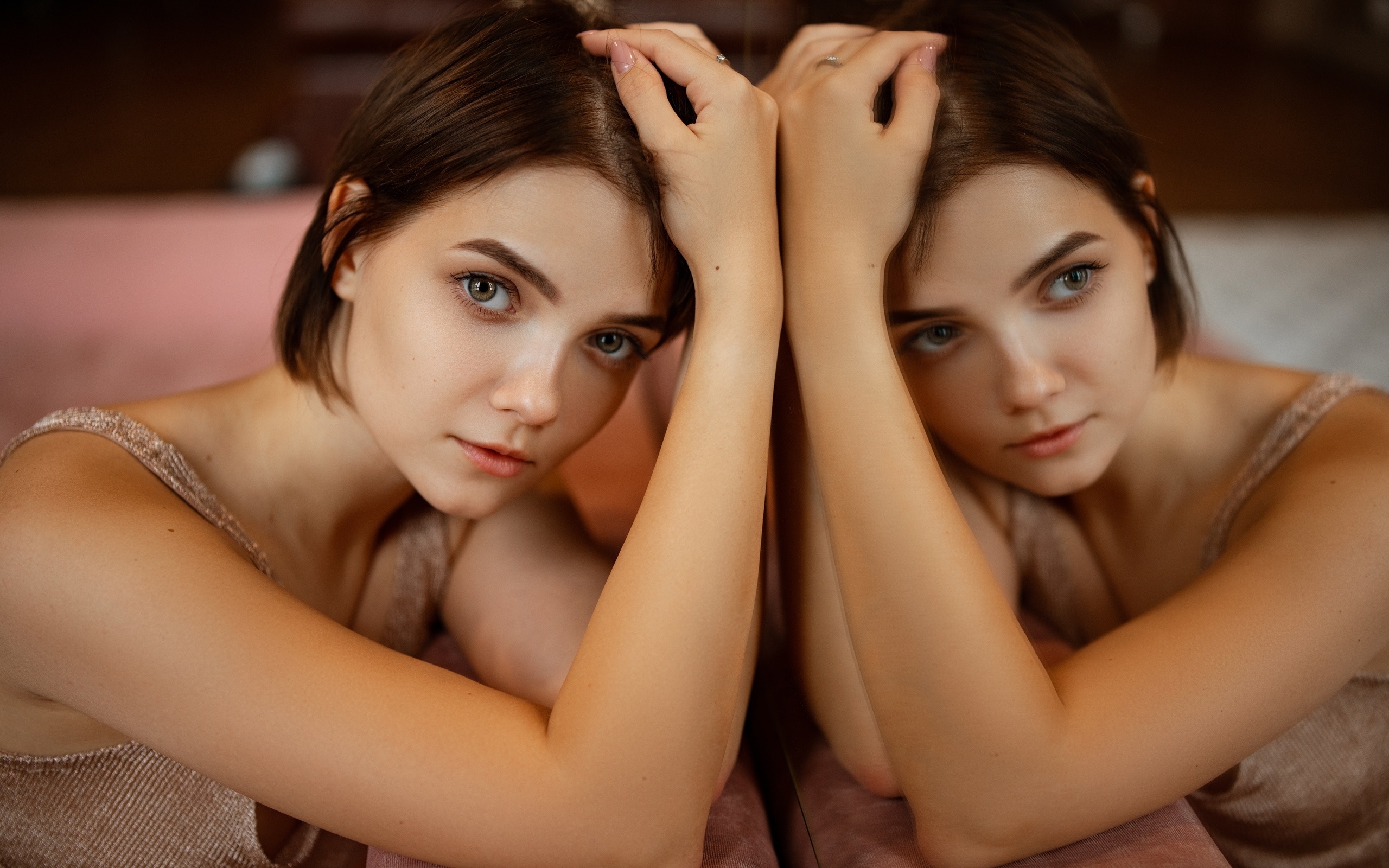 women, portrait, victoria sokolova, face, mirror, reflection, couch, short hair