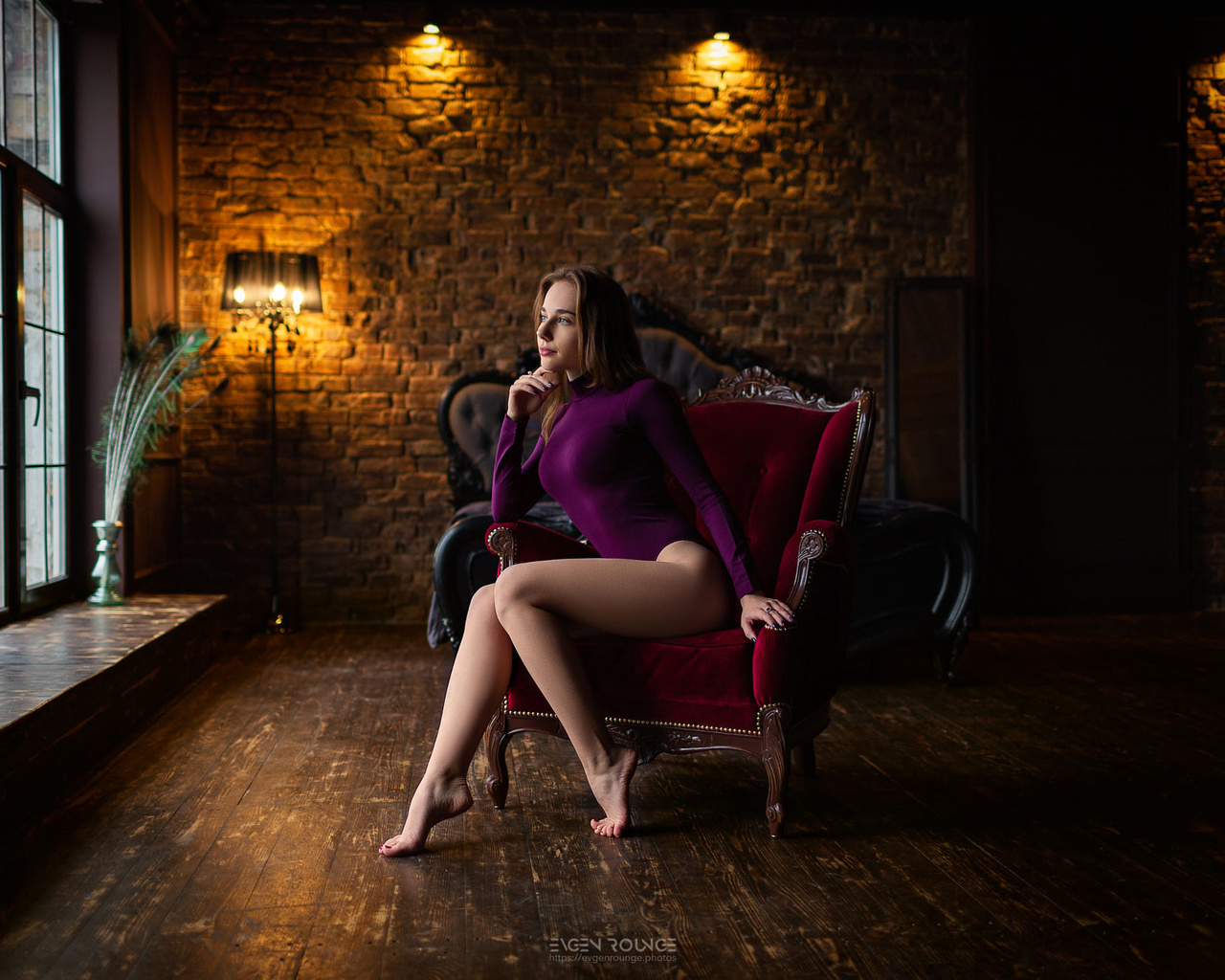 women, sitting, window, leotard, wall, bricks, wooden floor, painted nails, lamp, looking away, mirror, evgen rounge