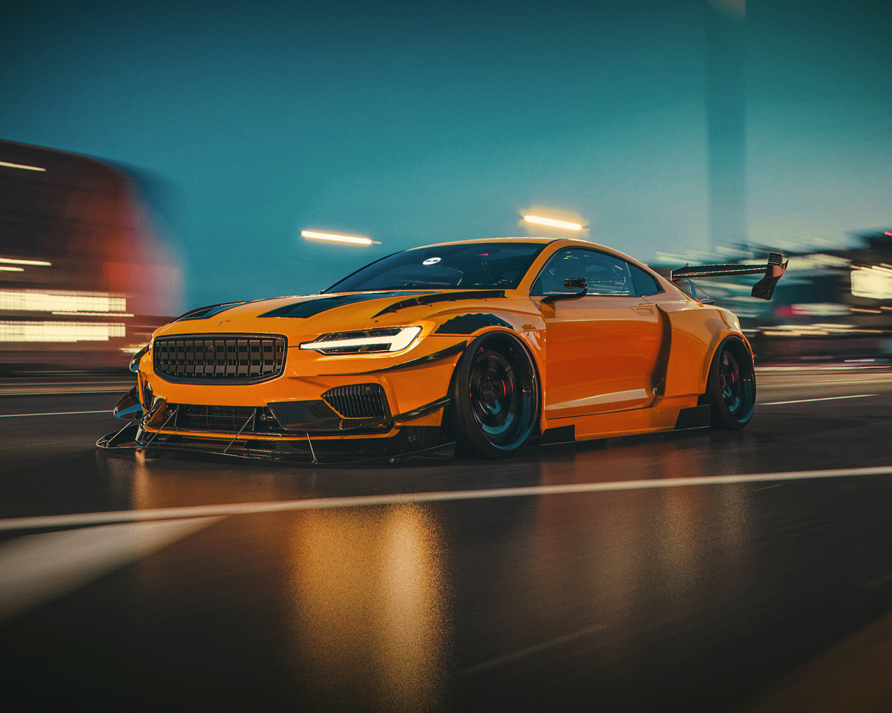 yellow, sport car, street, lights