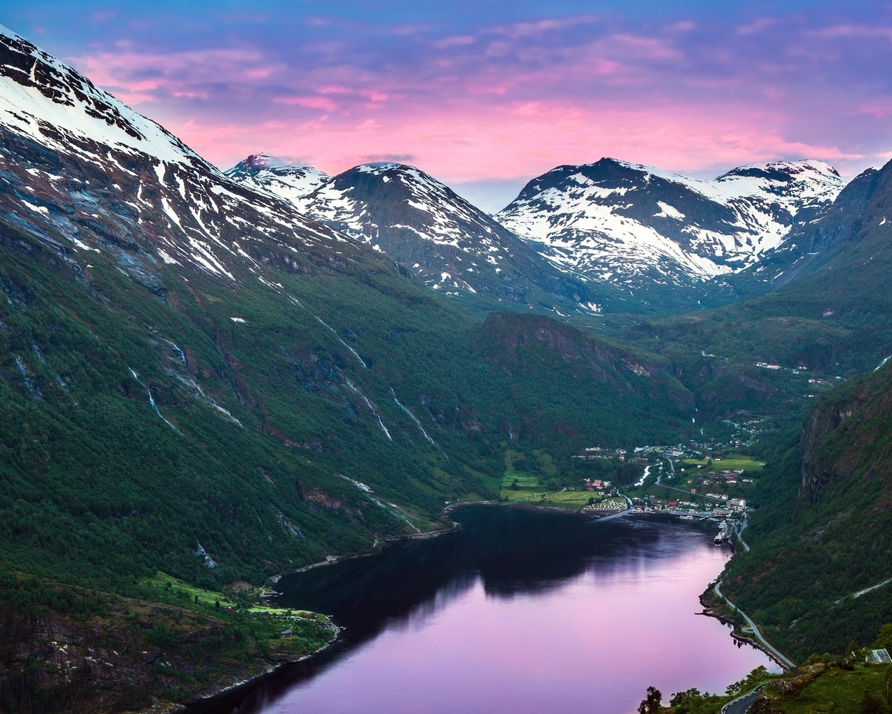 mountains, landscape, river, snow on the mountains