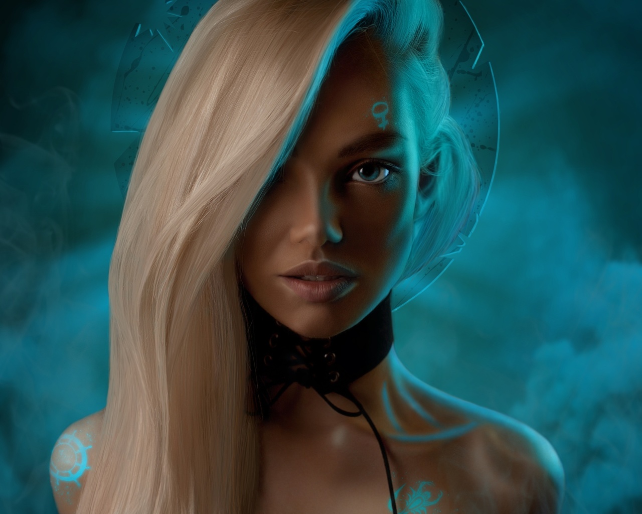 women, blue eyes, photoshop, blonde, smoke, neon, long hair