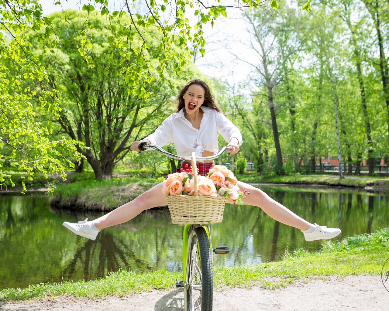 women, plaid skirt, white shirt, schoolgirl uniform, flowers, women outdoors, women with bicycles, bicycle, open mouth, sneakers, white socks, lake, trees, skirt, red lipstick, tongues