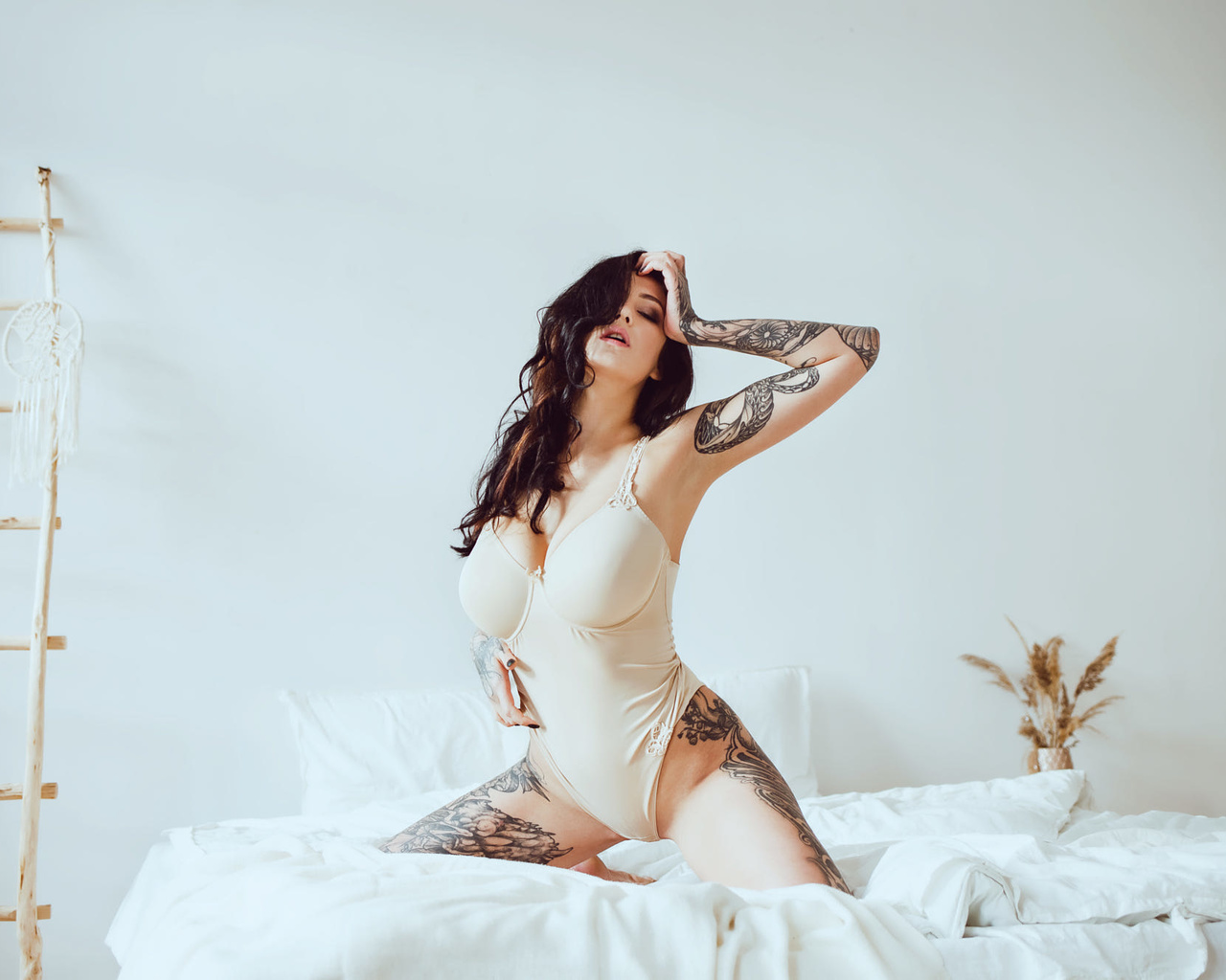 evgenia talanina, women, kneeling, in bed, ladders, tattoo, closed eyes, body lingerie, pillow, wall, armpits