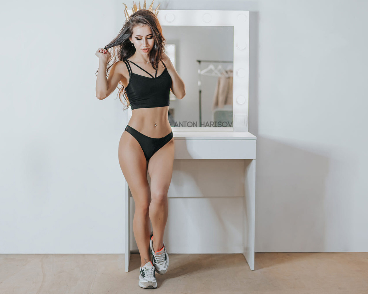 women, anton harisov, black panties, tank top, belly, brunette, sneakers, mirror, women indoors, pierced navel, reflection