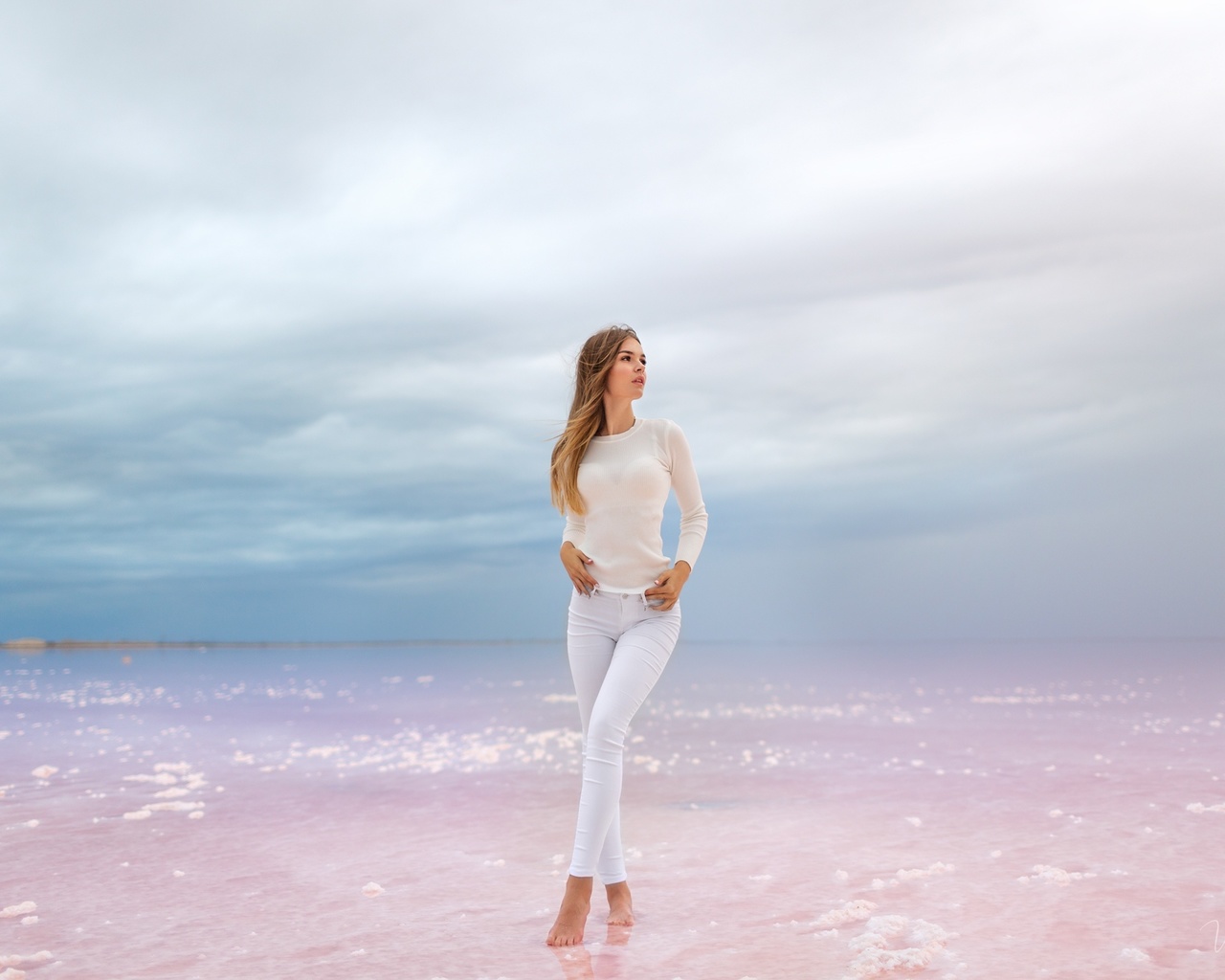 women, vitaly skitaev, white clothing, jeans, sky, clouds, women outdoors, water, looking away