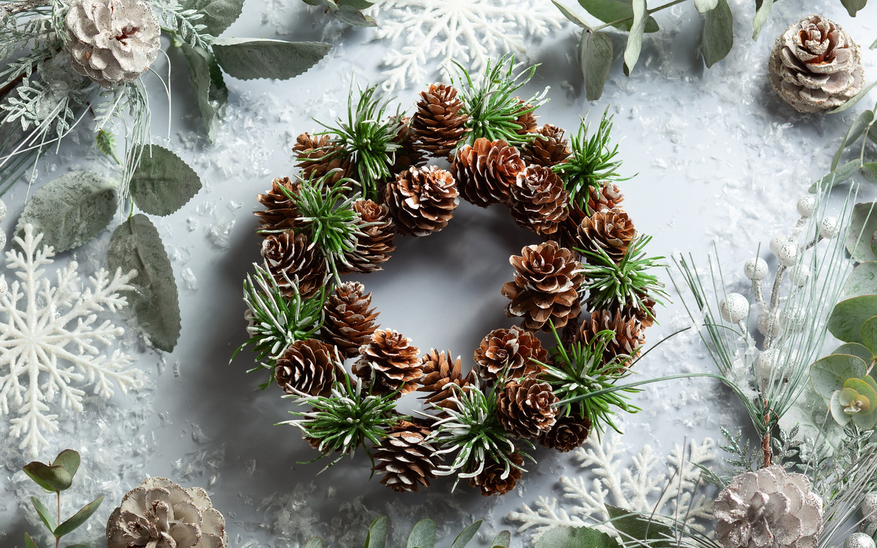 christmas wreath, winter, snowflakes, cones, happy new year, christmas