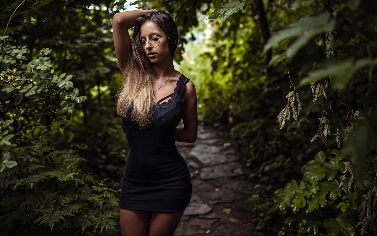 women, brunette, women with glasses, black dress, hips, dyed hair, women outdoors, necklace, long hair, tight dress, armpits, borislav georgiev