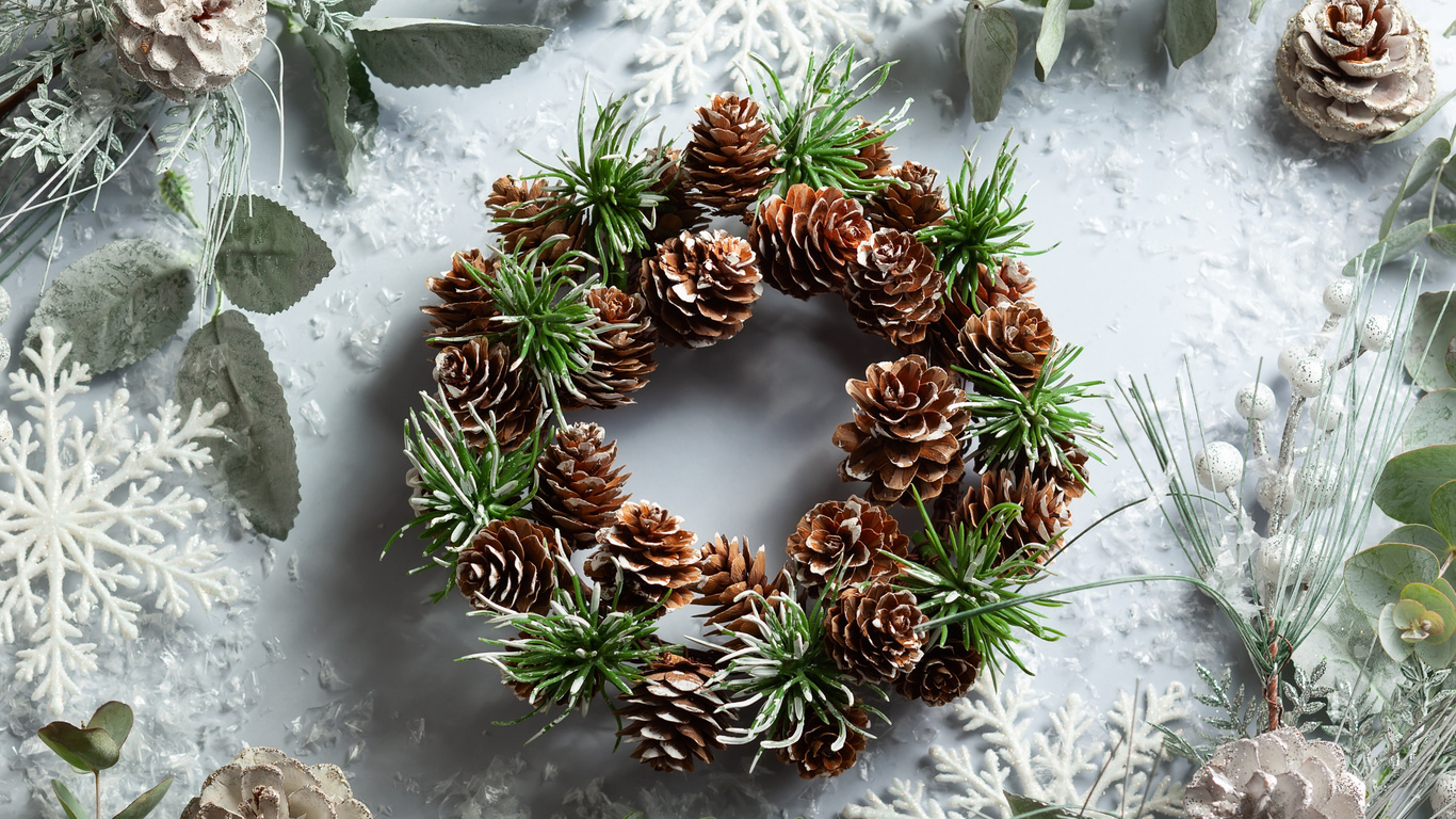 christmas wreath, winter, snowflakes, cones, happy new year, christmas