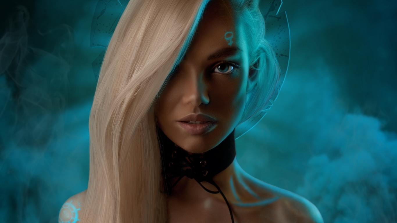 women, blue eyes, photoshop, blonde, smoke, neon, long hair