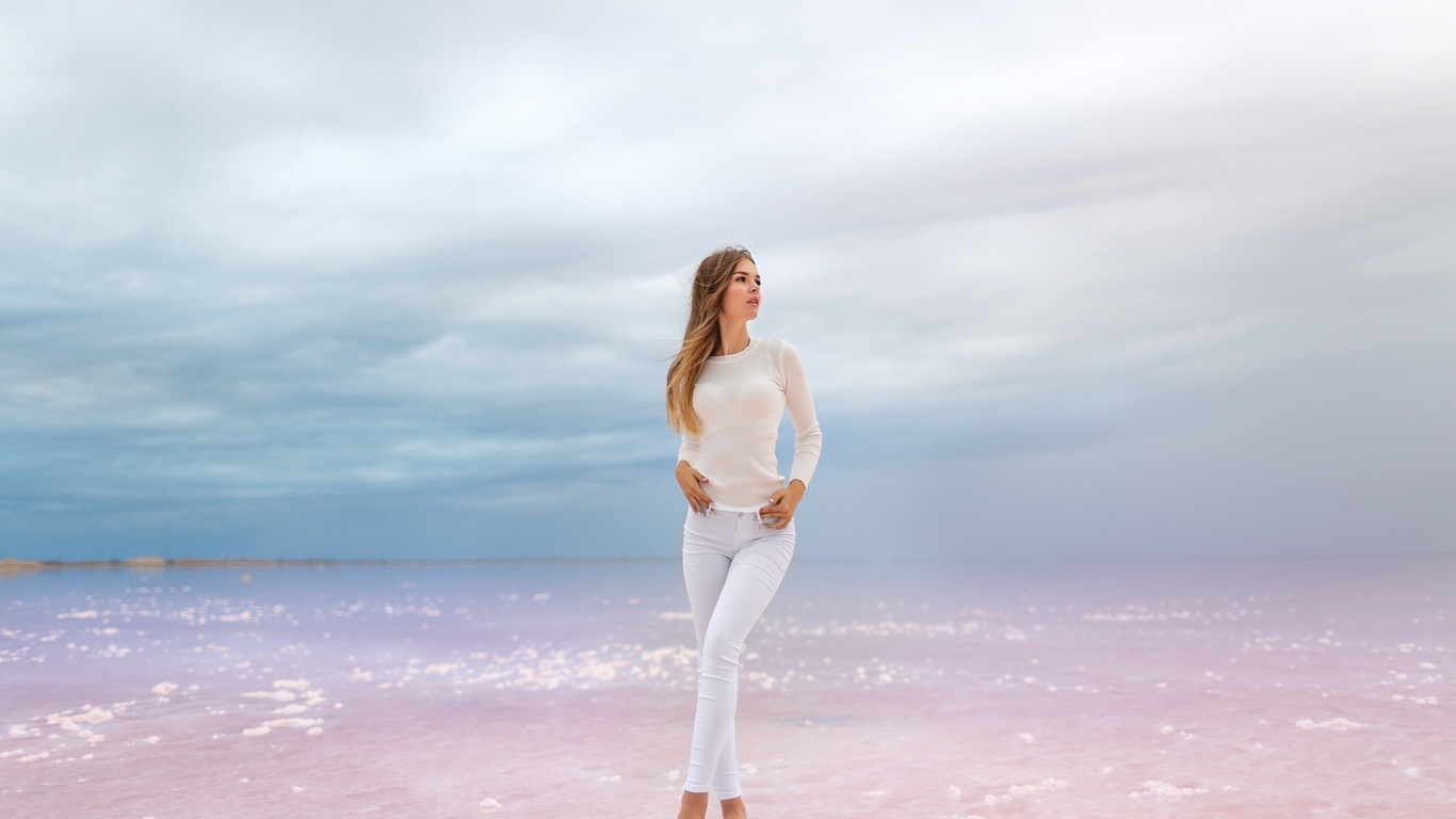 women, vitaly skitaev, white clothing, jeans, sky, clouds, women outdoors, water, looking away