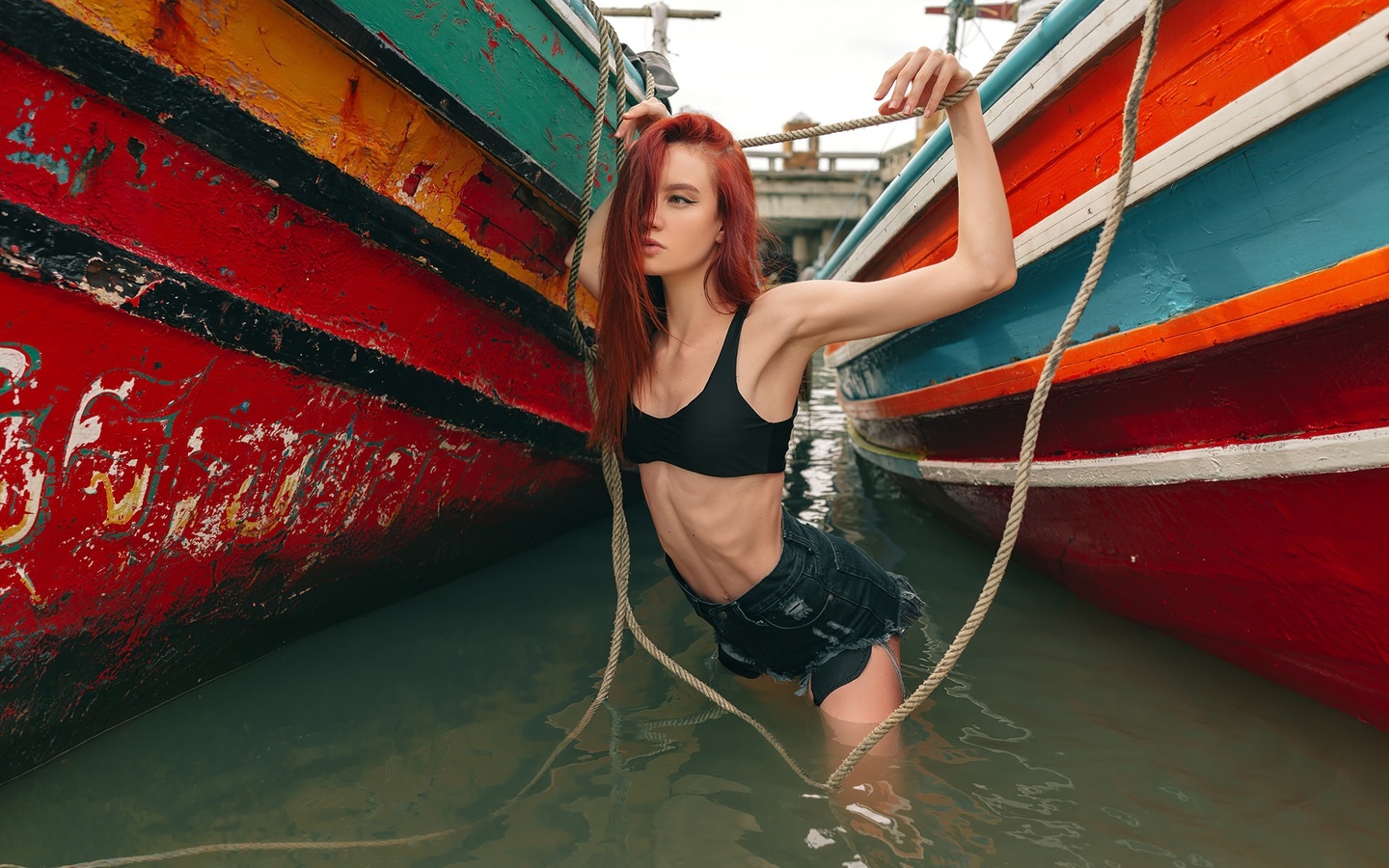 women, redhead, eyeliner, ribs, jean shorts, hair in face, black top, women outdoors, belly, boat, armpits, skinny