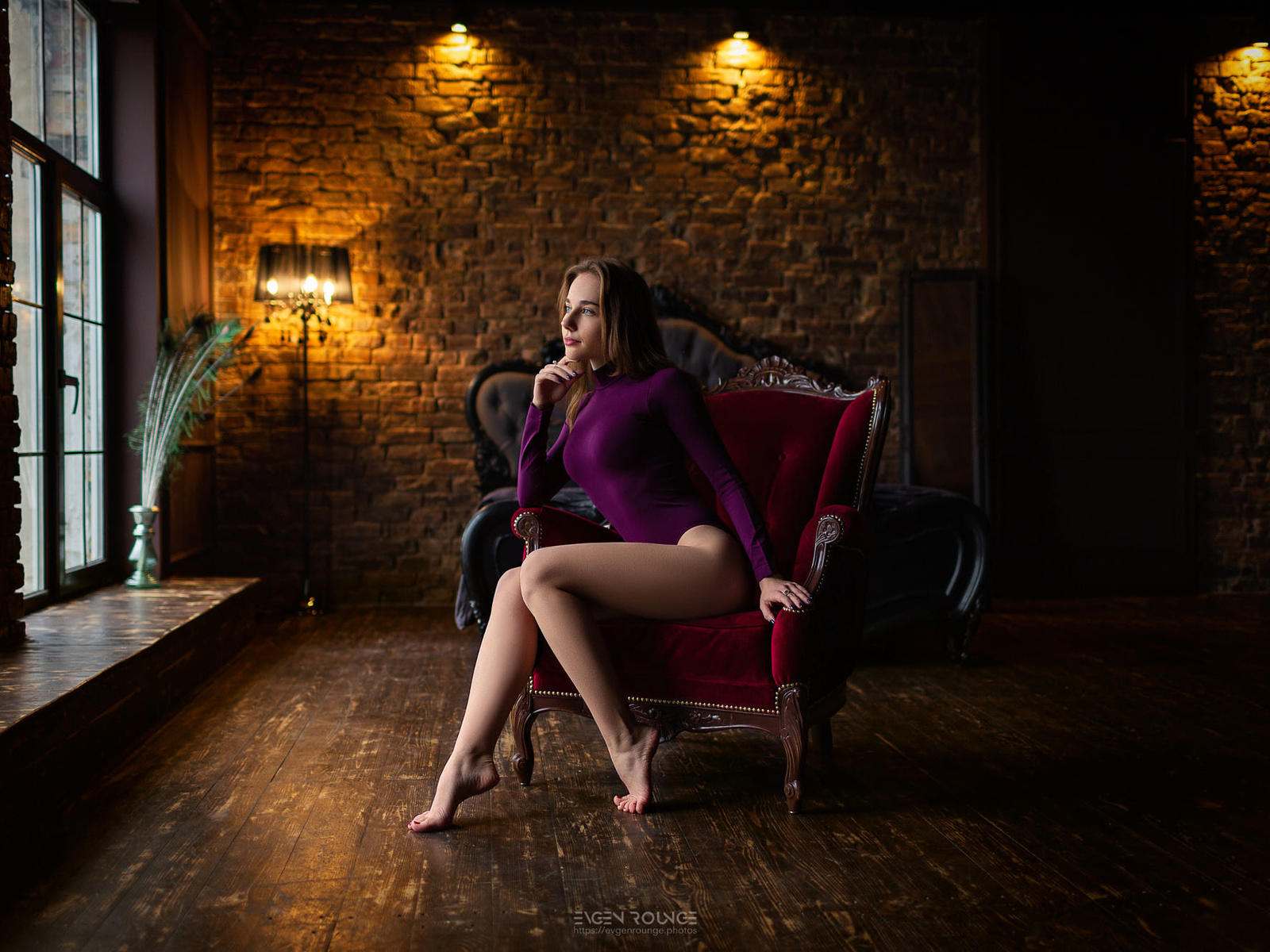 women, sitting, window, leotard, wall, bricks, wooden floor, painted nails, lamp, looking away, mirror, evgen rounge