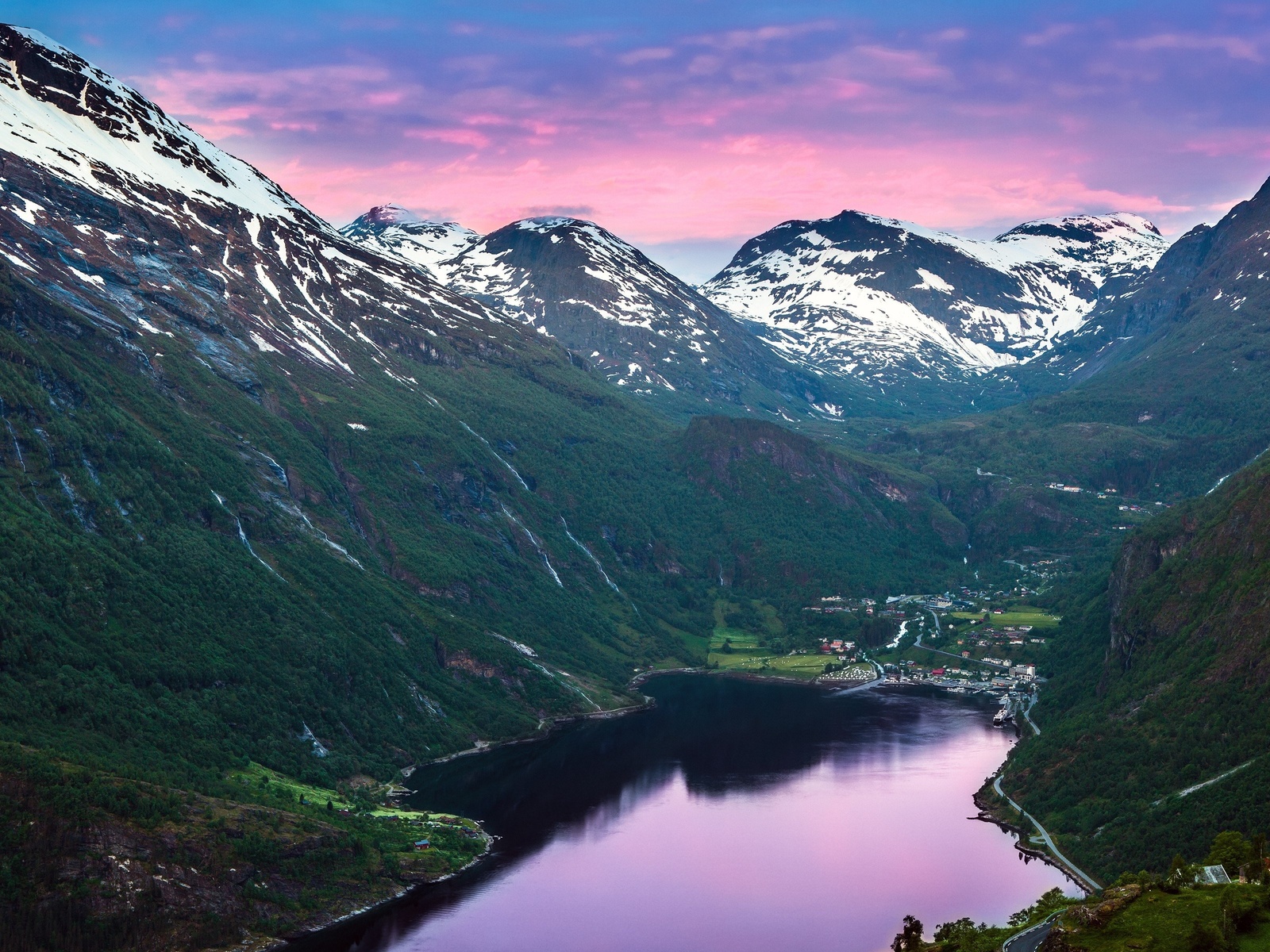 mountains, landscape, river, snow on the mountains