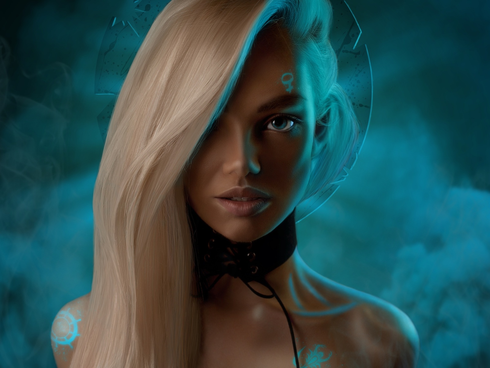 women, blue eyes, photoshop, blonde, smoke, neon, long hair