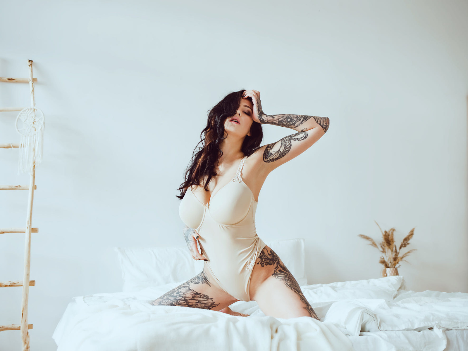 evgenia talanina, women, kneeling, in bed, ladders, tattoo, closed eyes, body lingerie, pillow, wall, armpits