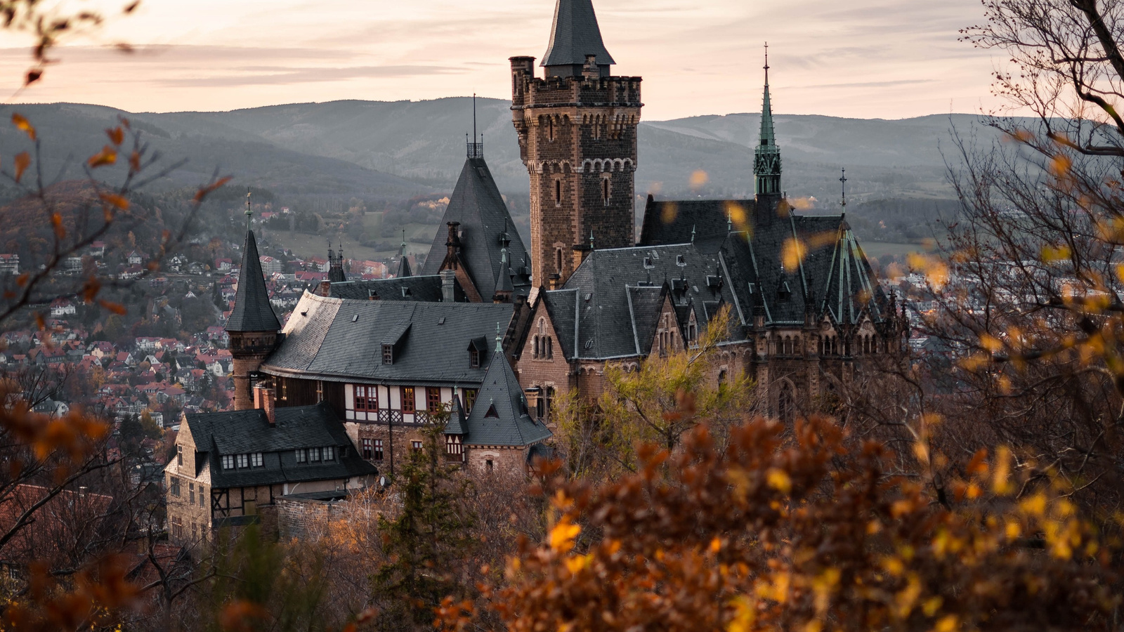 wernigerode castle, evening, sunset, wernigerode cityscape, landmark, wernigerode, saxony-anhalt, germany