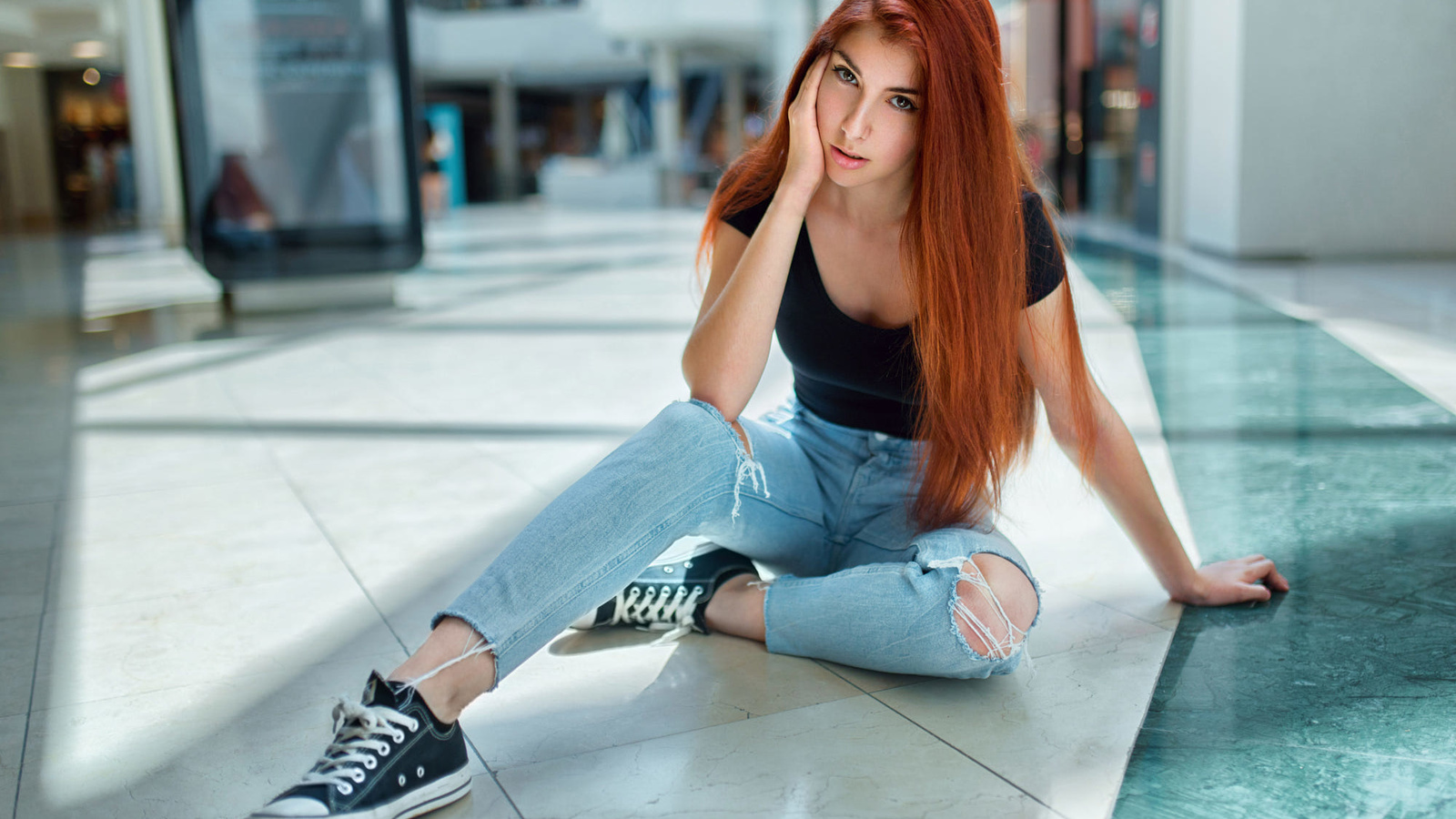 women, redhead, sitting, sneakers, converse, long hair, torn jeans, on the floor, eyeliner, , 