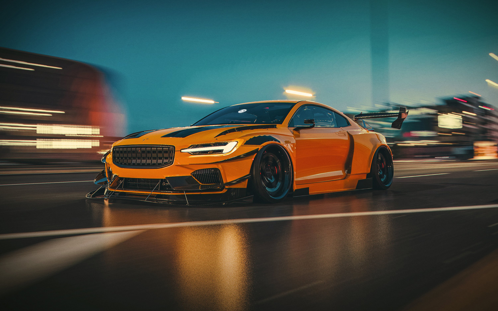 yellow, sport car, street, lights