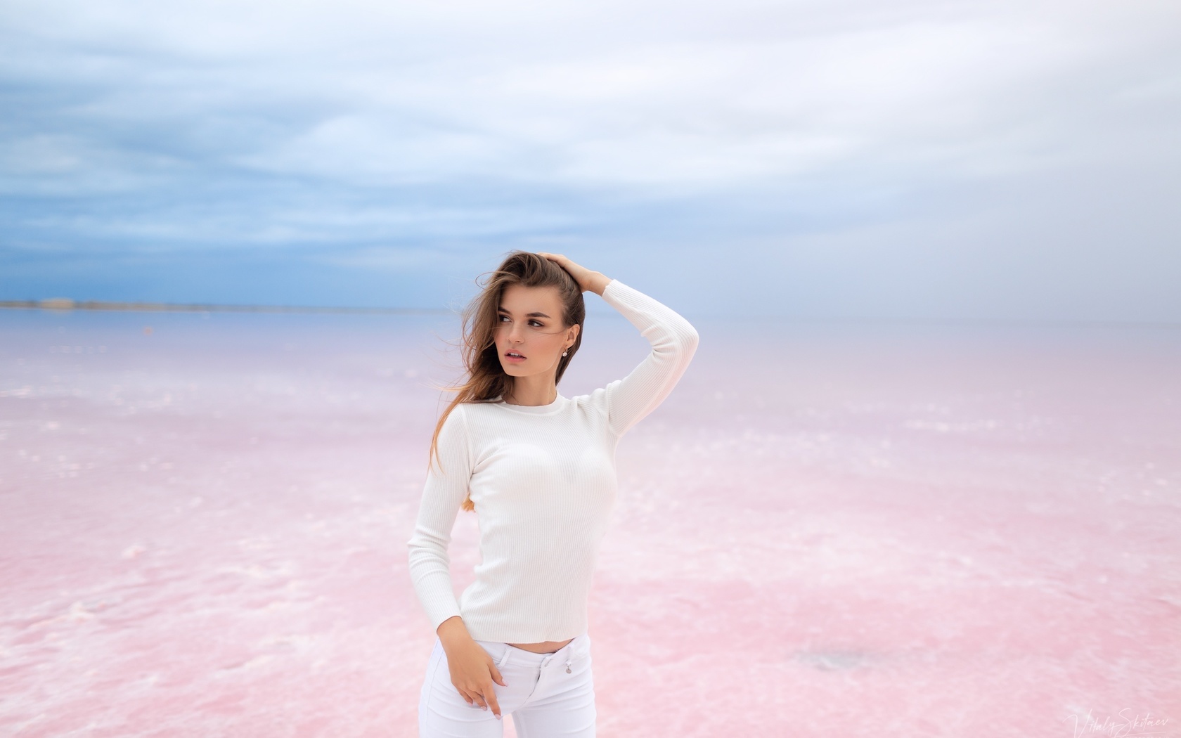 women, vitaly skitaev, white clothing, jeans, sky, clouds, women outdoors, water, looking away