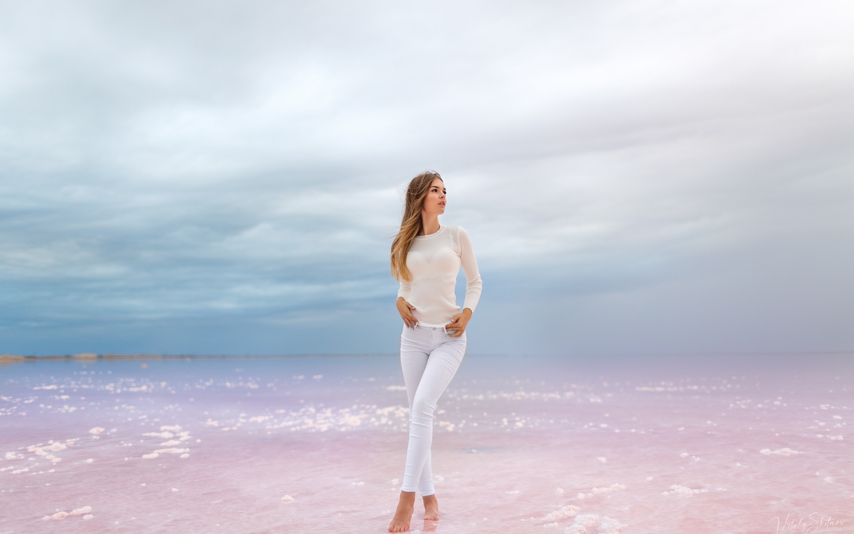 women, vitaly skitaev, white clothing, jeans, sky, clouds, women outdoors, water, looking away