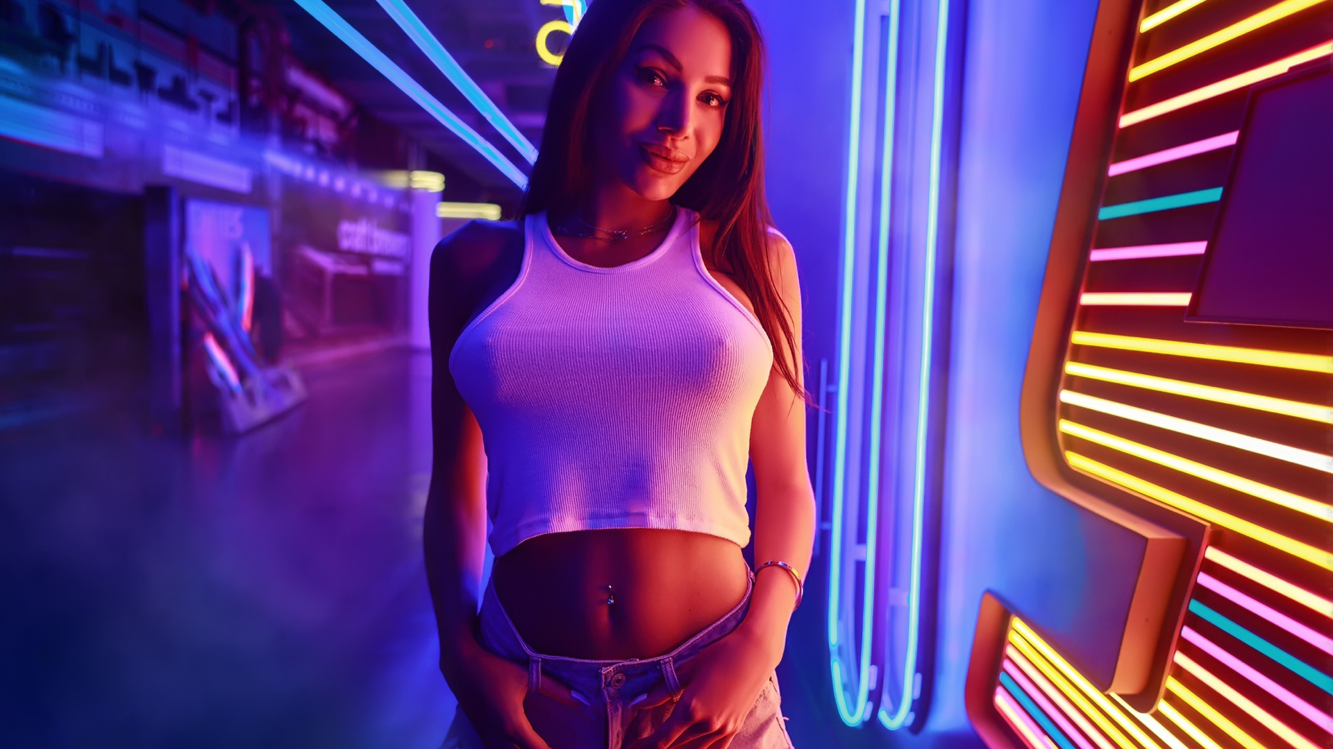 women, jean shorts, neon, belly, portrait, nipple through clothing, tank top, pierced navel, smiling, eyeliner, brunette