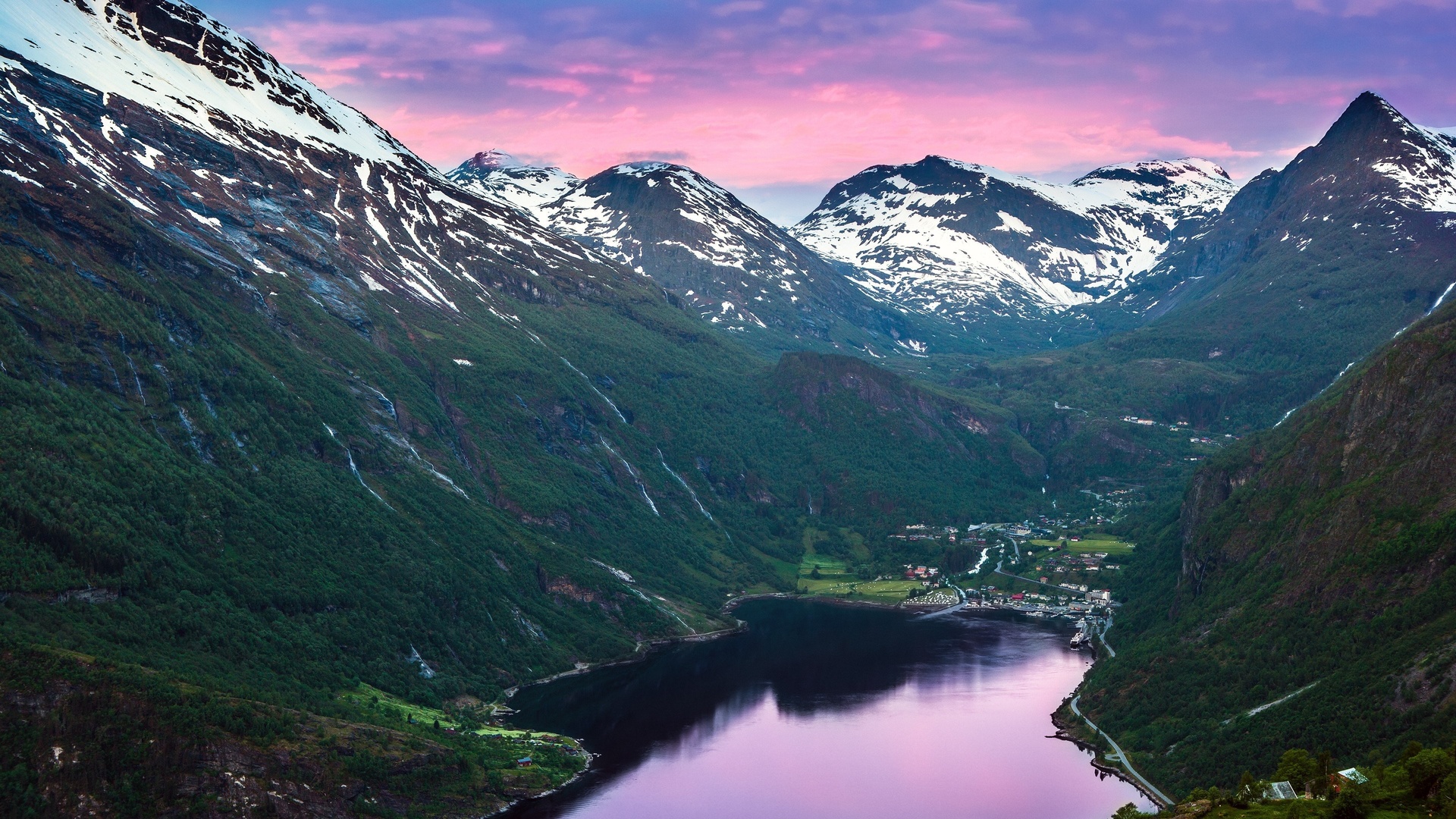 mountains, landscape, river, snow on the mountains