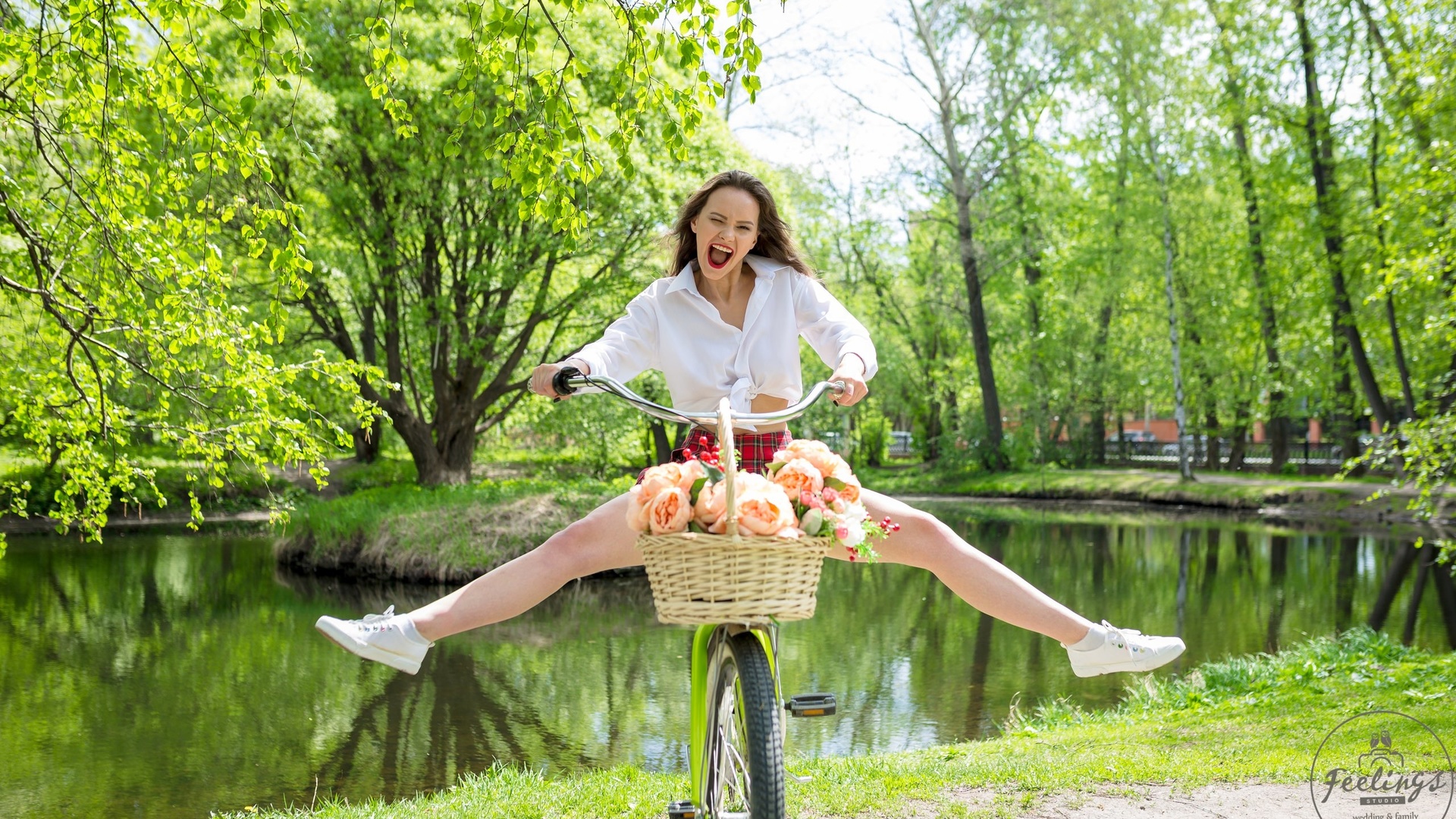 women, plaid skirt, white shirt, schoolgirl uniform, flowers, women outdoors, women with bicycles, bicycle, open mouth, sneakers, white socks, lake, trees, skirt, red lipstick, tongues