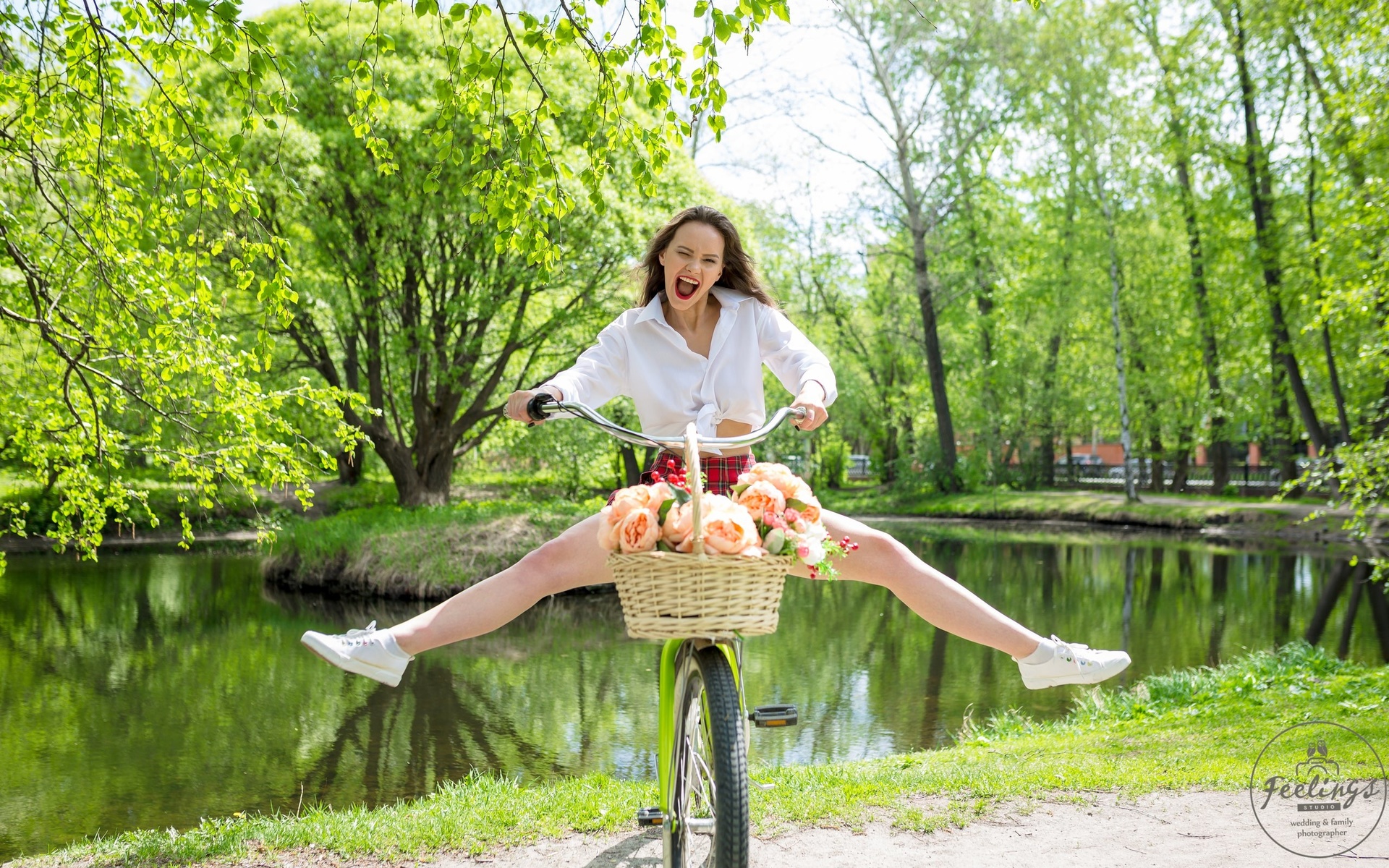 women, plaid skirt, white shirt, schoolgirl uniform, flowers, women outdoors, women with bicycles, bicycle, open mouth, sneakers, white socks, lake, trees, skirt, red lipstick, tongues