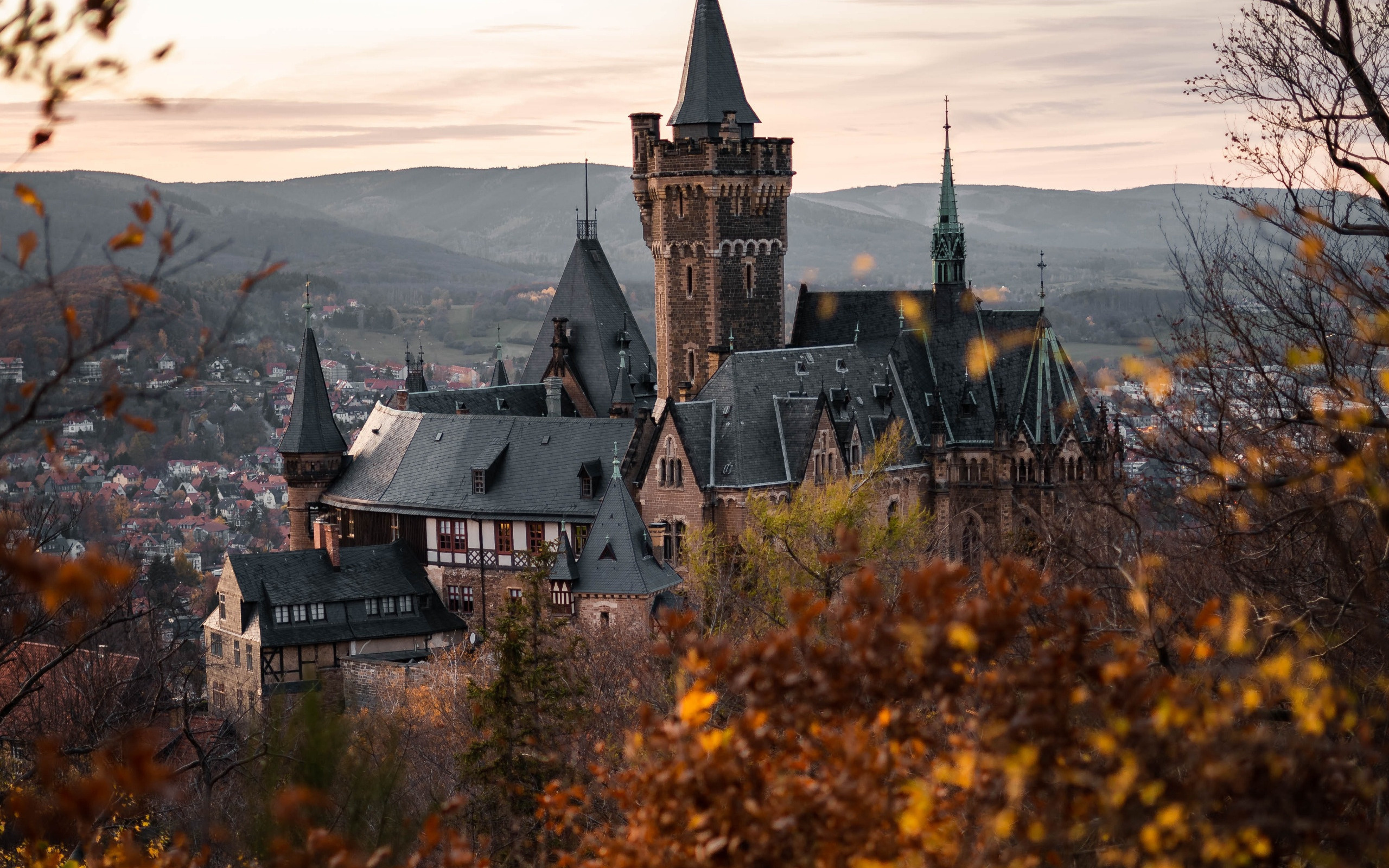 wernigerode castle, evening, sunset, wernigerode cityscape, landmark, wernigerode, saxony-anhalt, germany