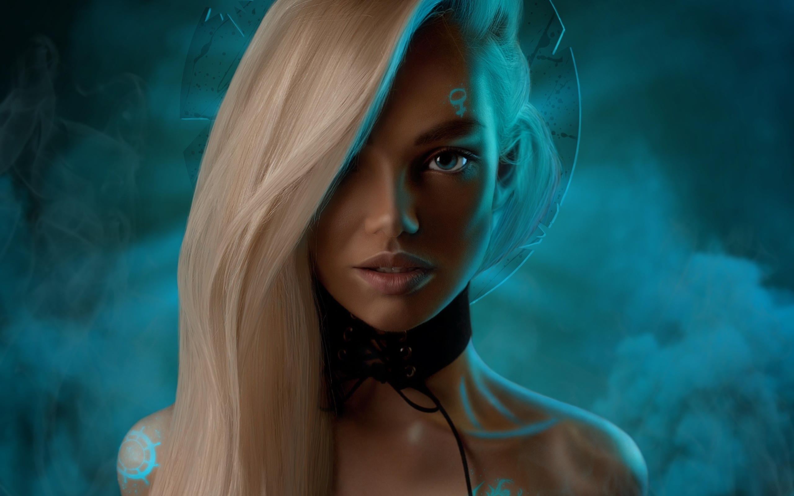 women, blue eyes, photoshop, blonde, smoke, neon, long hair