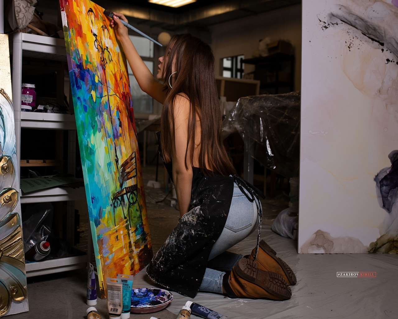 women, hoop earrings, jeans, kneeling, women indoors, long hair, picture, kirill zakirov, shoes, brush