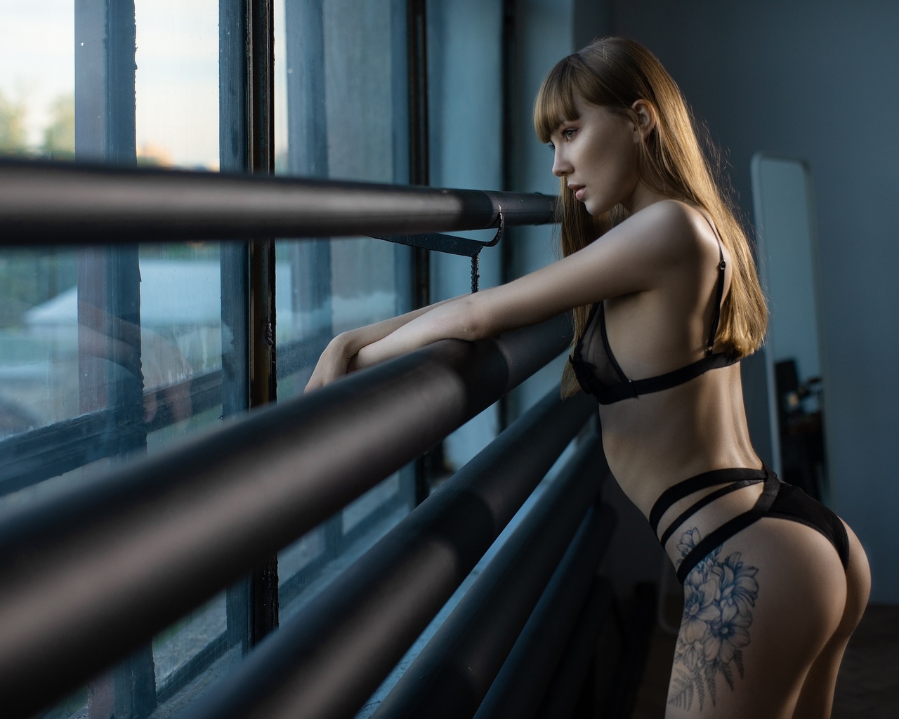 women, ass, window, looking out window, tattoo, women indoors, black lingerie, ribs, brunette, phone, mirror