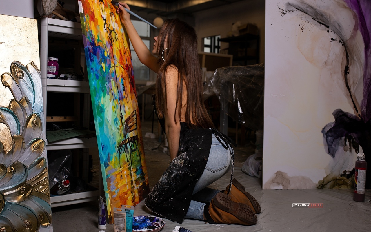 women, hoop earrings, jeans, kneeling, women indoors, long hair, picture, kirill zakirov, shoes, brush