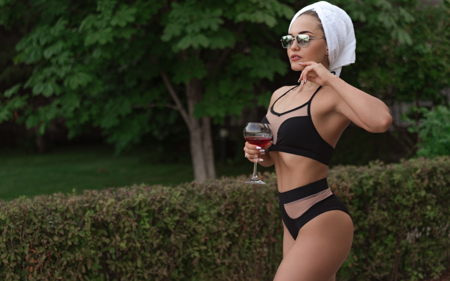 women, swimwear, ribs, sunglasses, women outdoors, drinking glass, wine, trees, towel head, ass