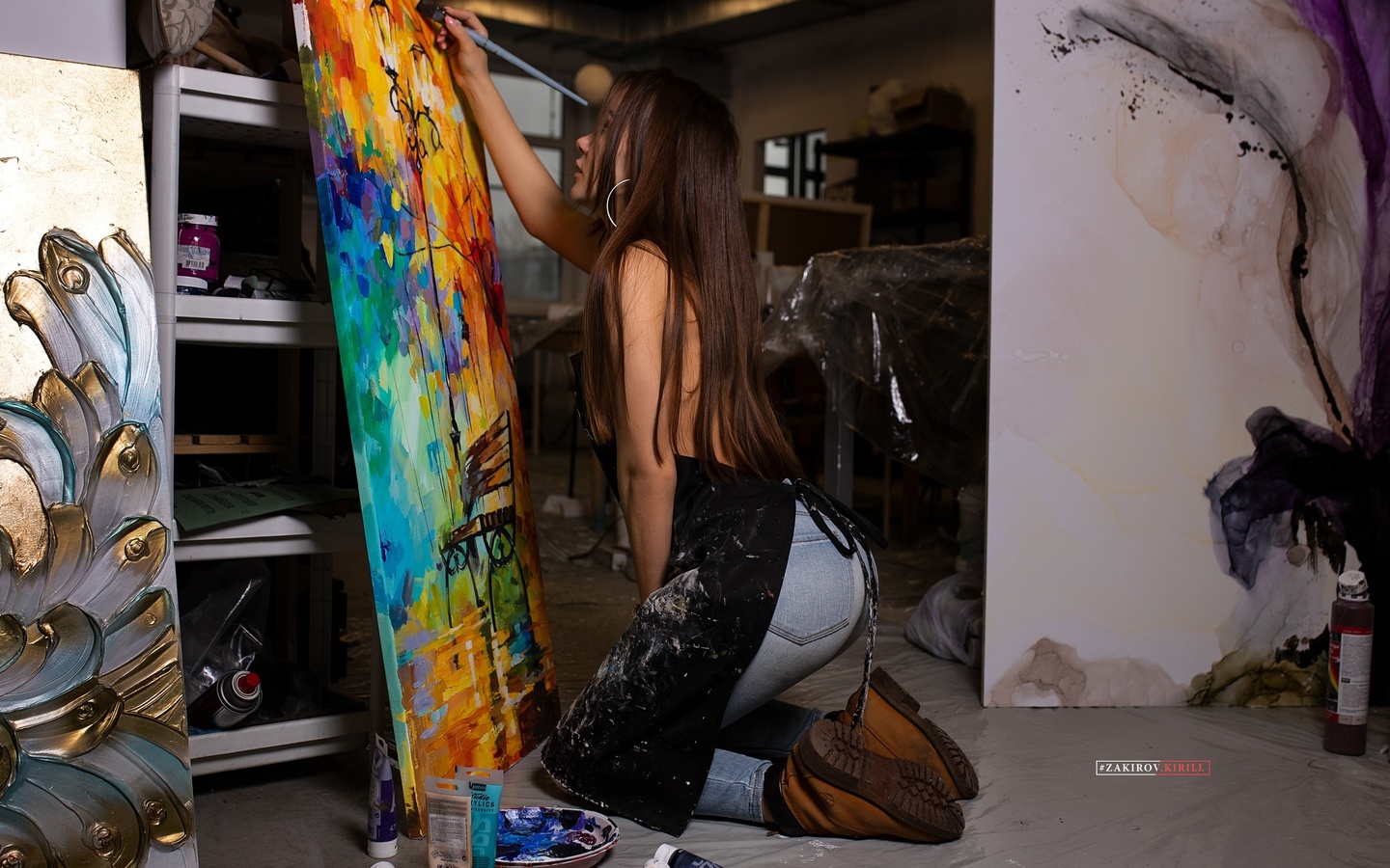 women, hoop earrings, jeans, kneeling, women indoors, long hair, picture, kirill zakirov, shoes, brush