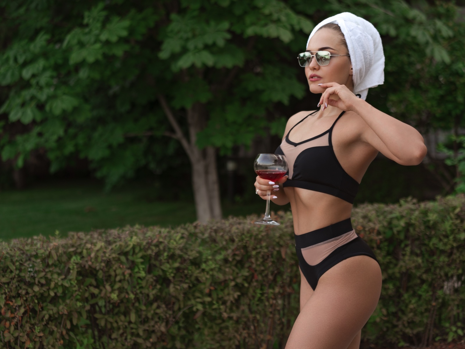 women, swimwear, ribs, sunglasses, women outdoors, drinking glass, wine, trees, towel head, ass