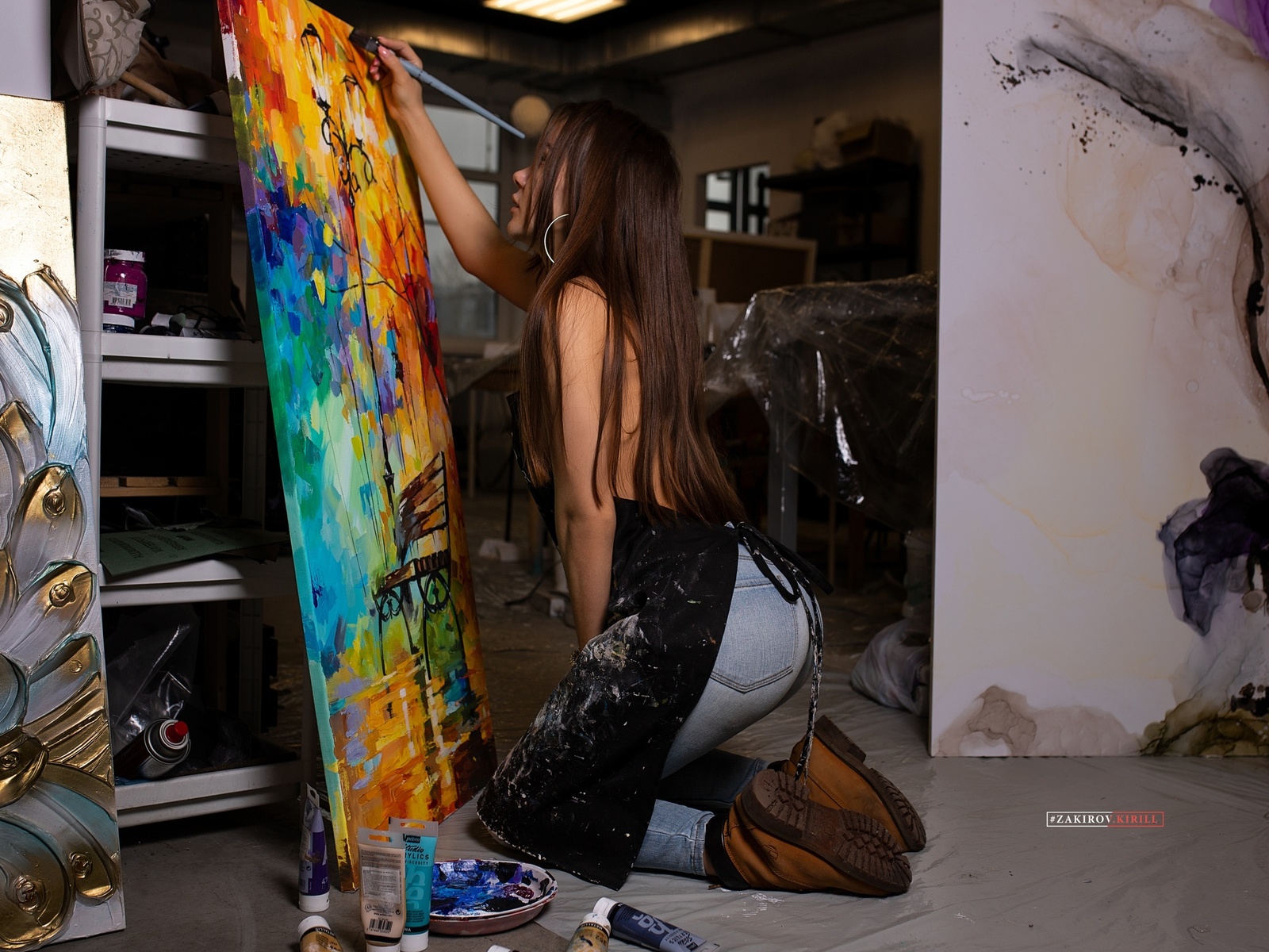 women, hoop earrings, jeans, kneeling, women indoors, long hair, picture, kirill zakirov, shoes, brush