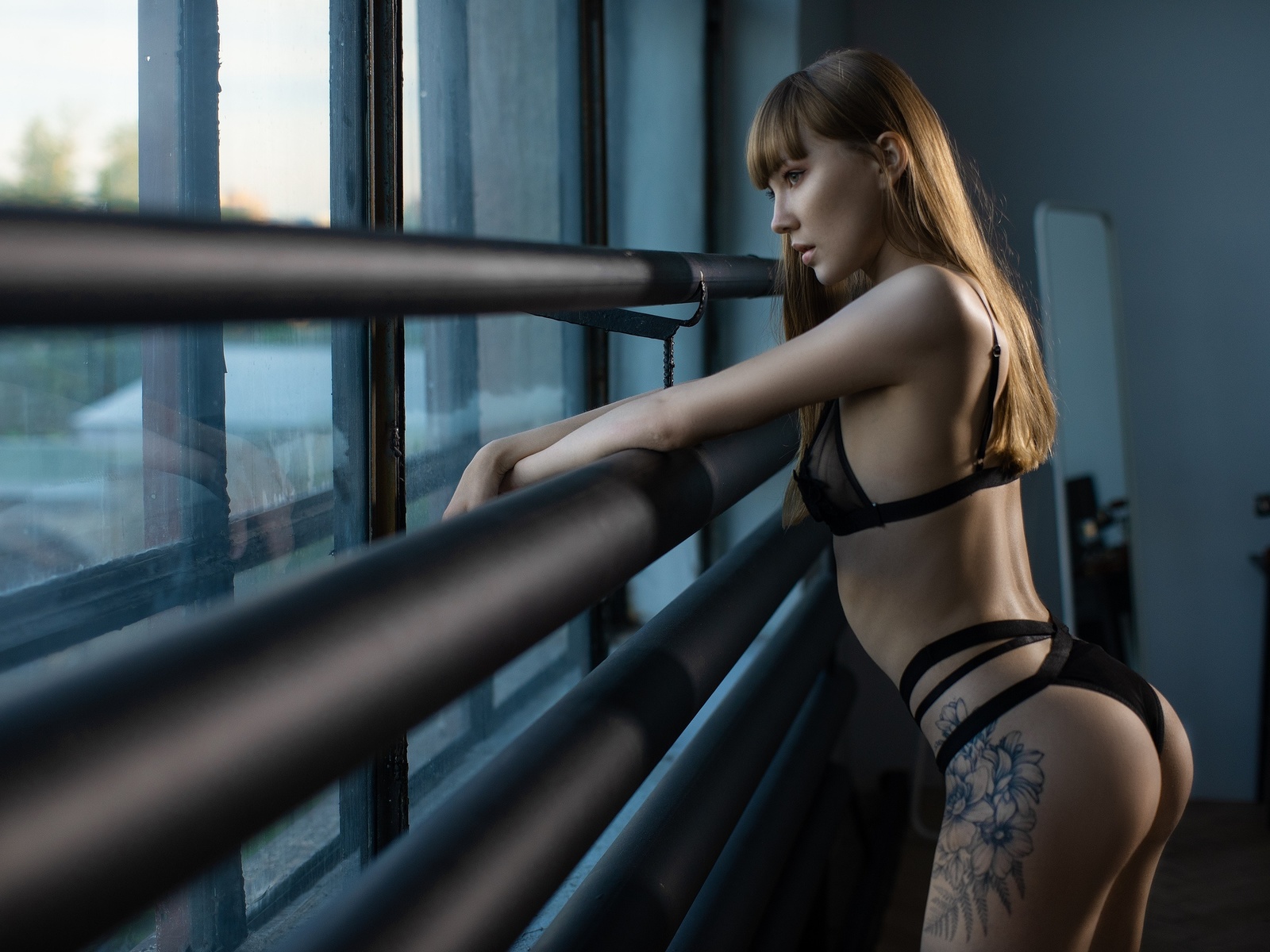 women, ass, window, looking out window, tattoo, women indoors, black lingerie, ribs, brunette, phone, mirror