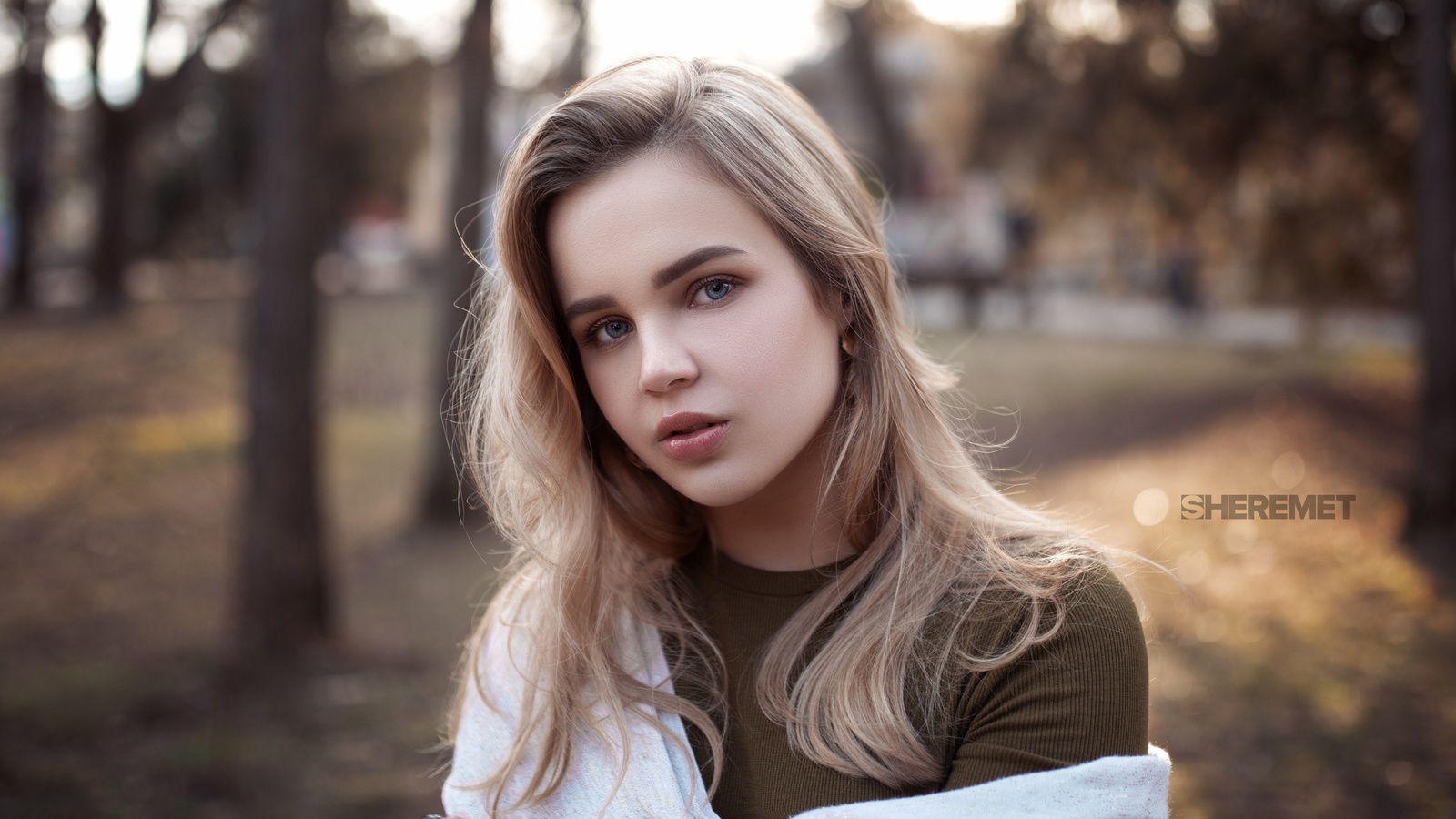 women, ivan sheremet, blonde, blue eyes, portrait, women outdoors, trees