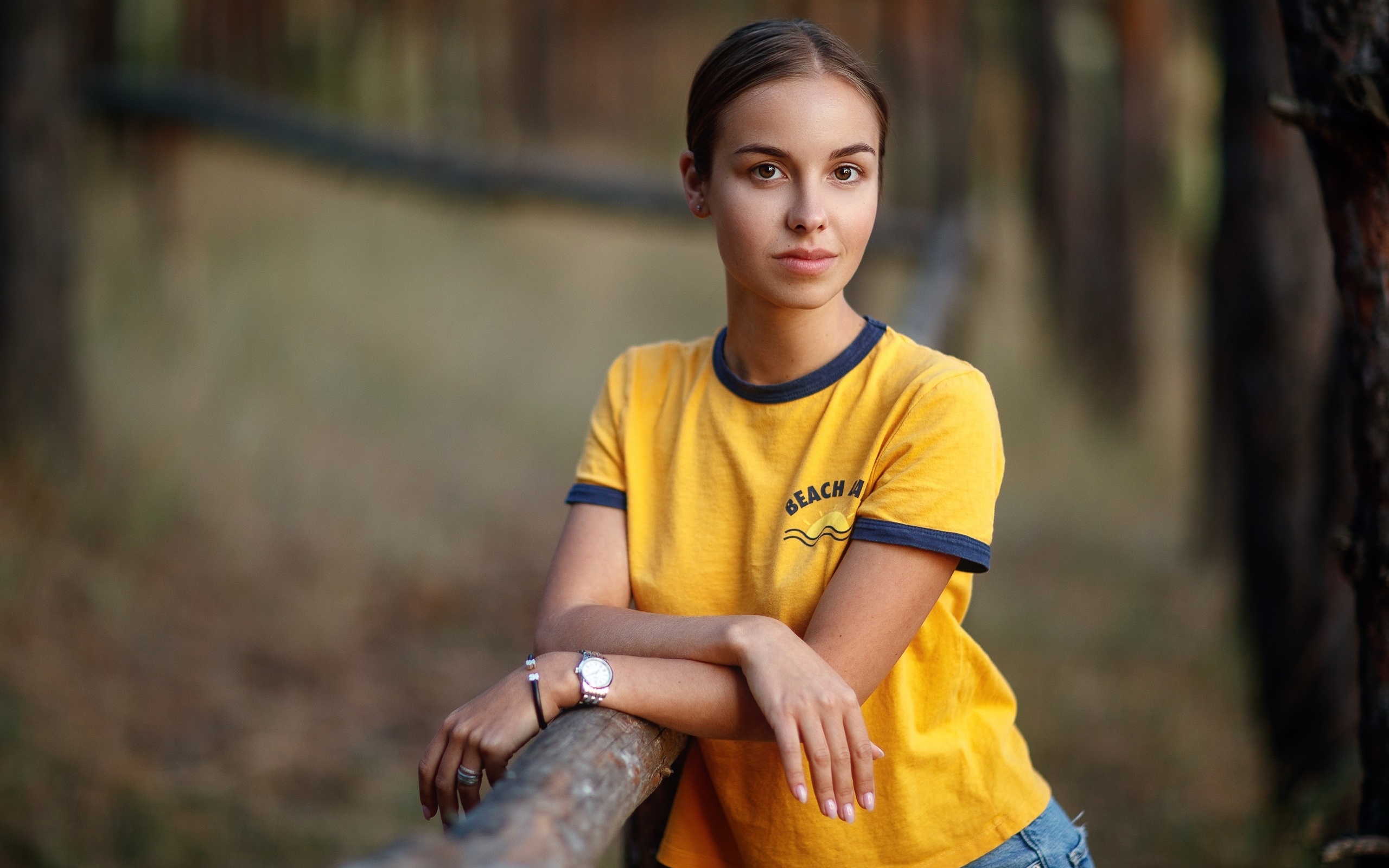 women, yellow t-shirt, jeans, portrait, forest, watch, brunette, women outdoors, trees