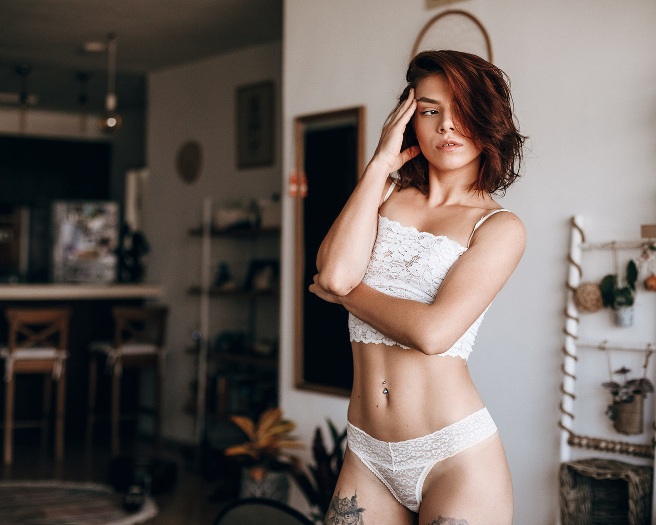 women, belly, white lingerie, pierced navel, tattoo, looking away, plants, women indoors, redhead