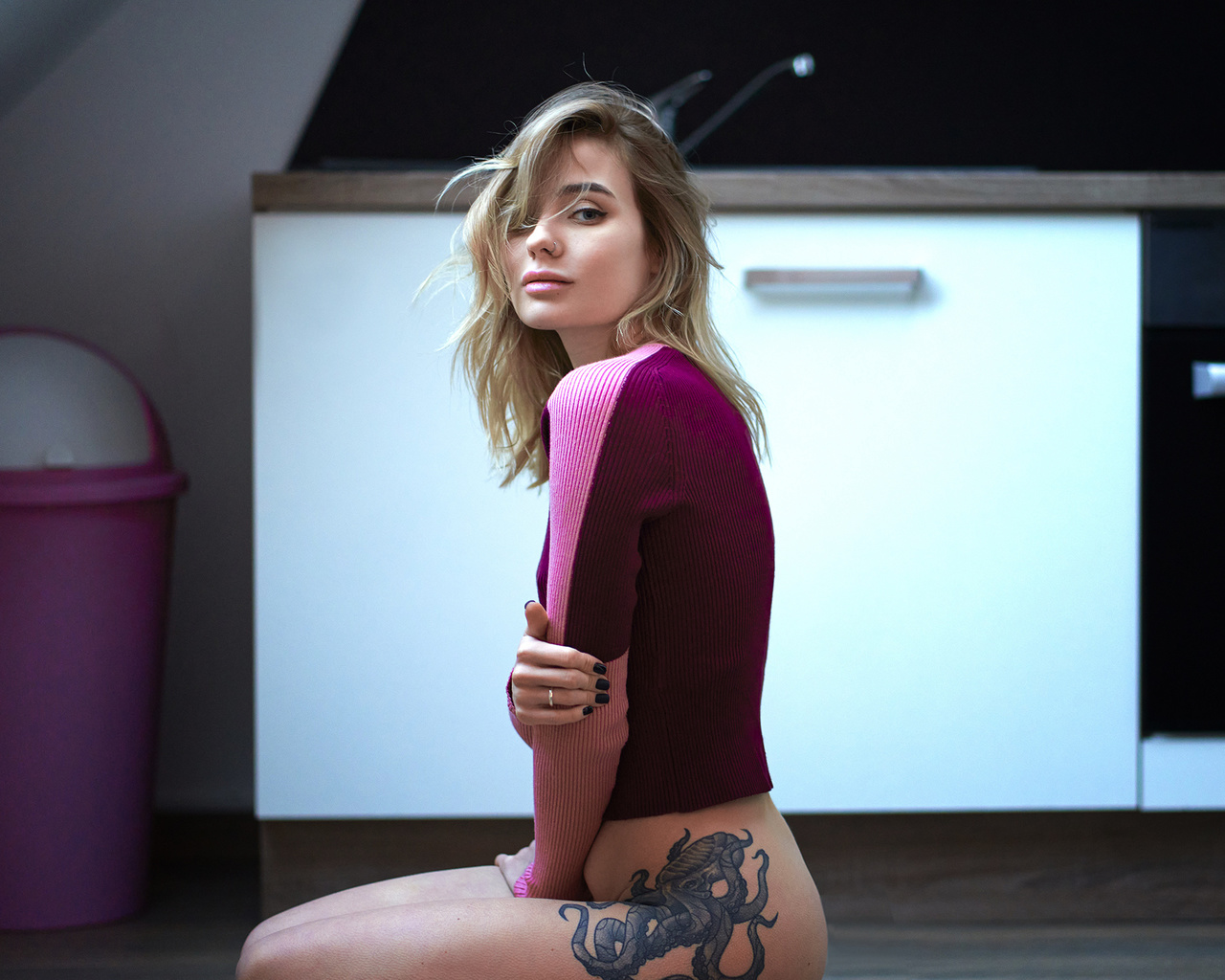 women, portrait, tattoo, sitting, blonde, women indoors, nose ring, black nails, pink lipstick, eyeliner, ass