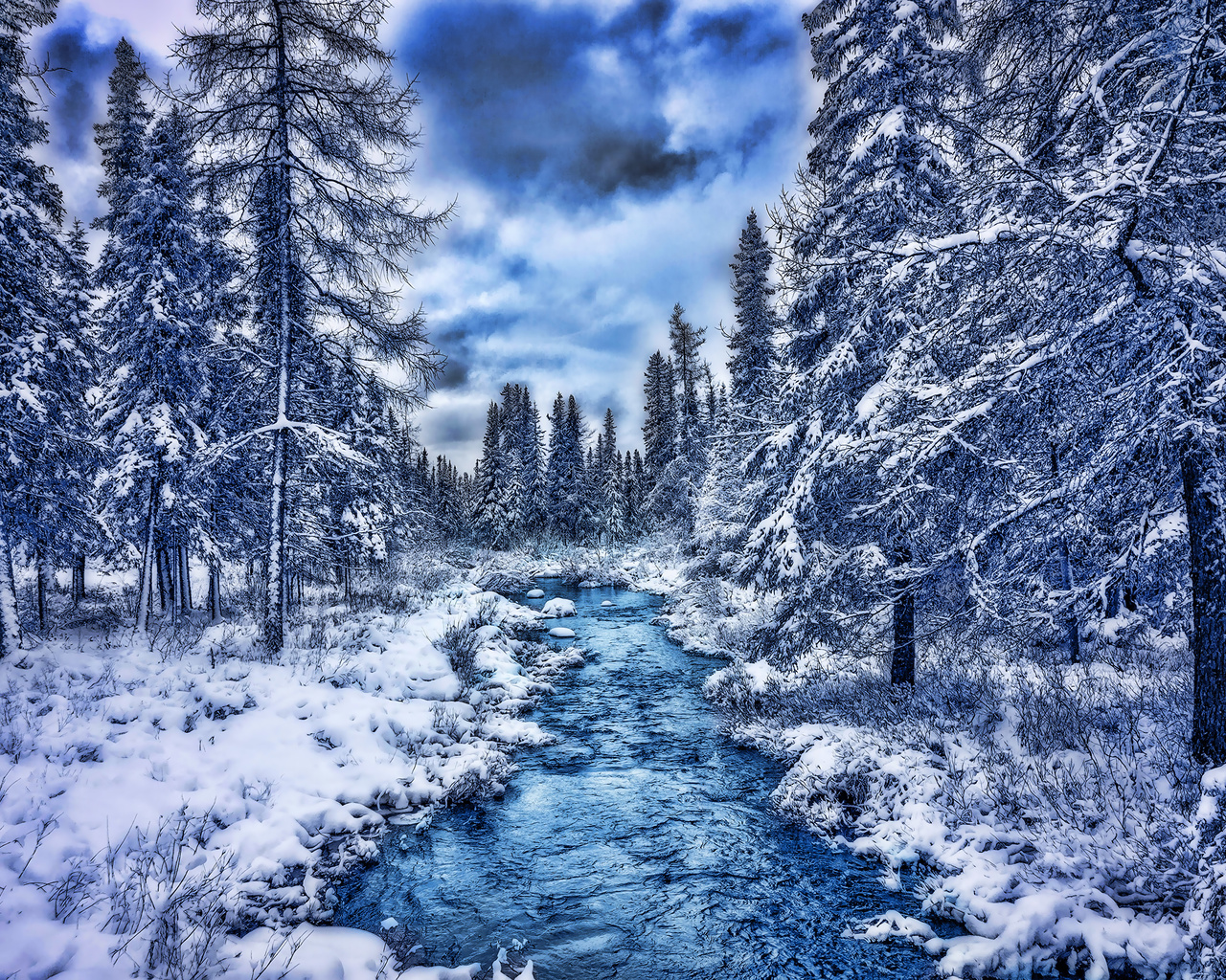 blue river, hdr, beautiful nature, forest, snowdrifts, winter