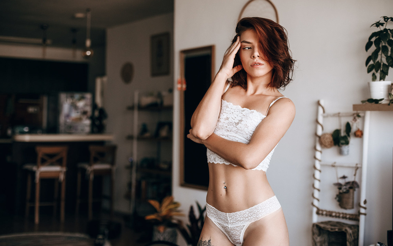 women, belly, white lingerie, pierced navel, tattoo, looking away, plants, women indoors, redhead